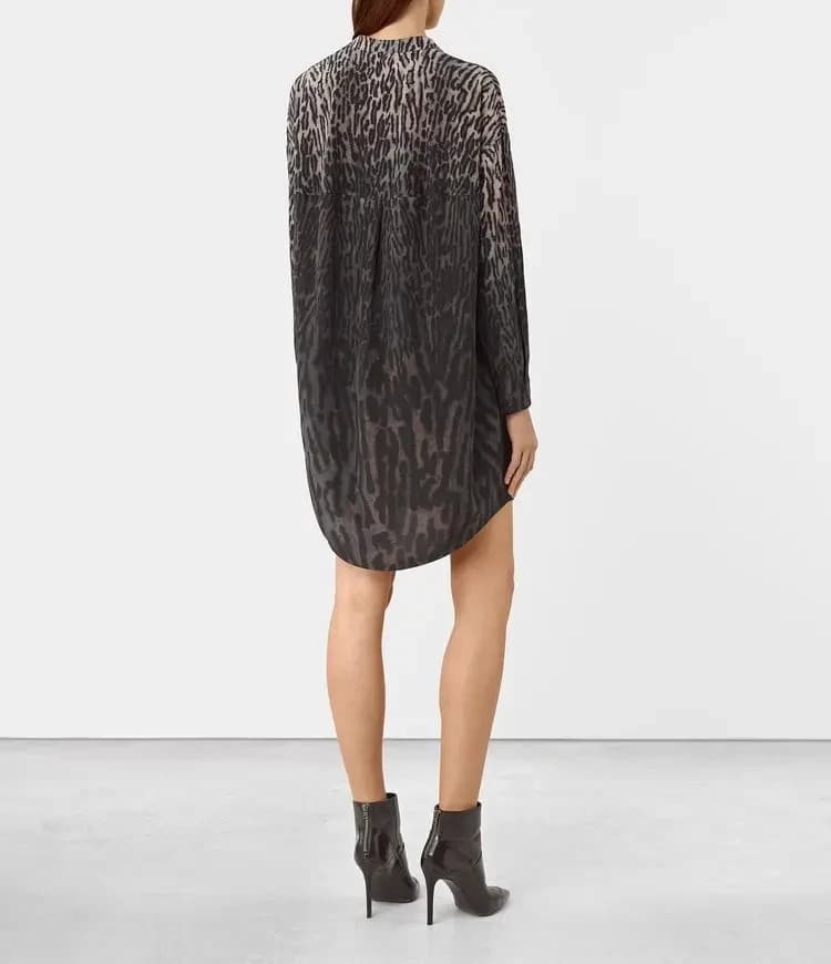 NWT AllSaints Helle Sinai Leopard Silk Shirt Dress Long Sleeve Taupe Sz.4 $340 - Thumbnail 10