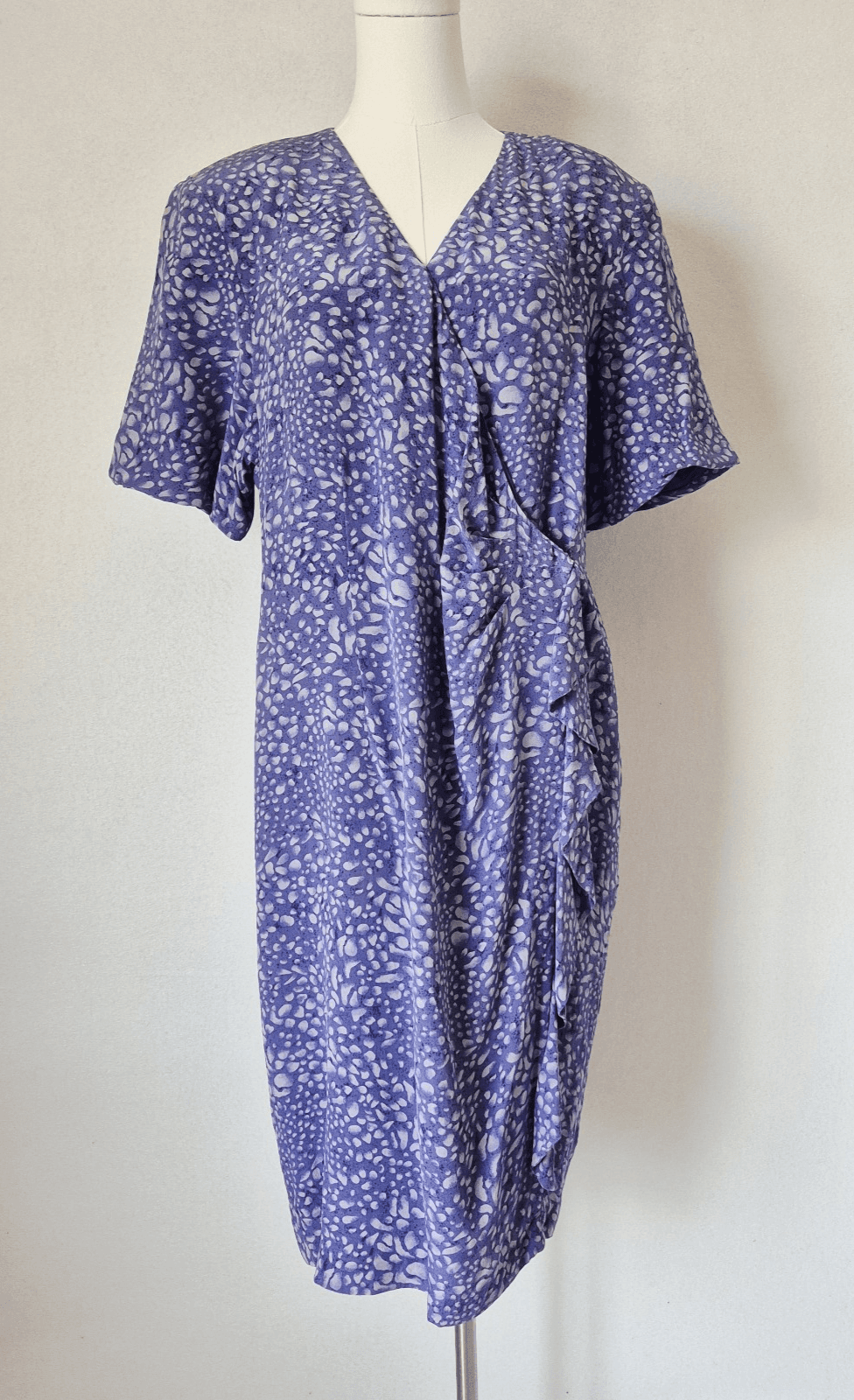 Vintage Spenser Jeremy Silk Ruffle Wrap Dress Short Sleeve Printed Purple Sz.16 - Thumbnail 2