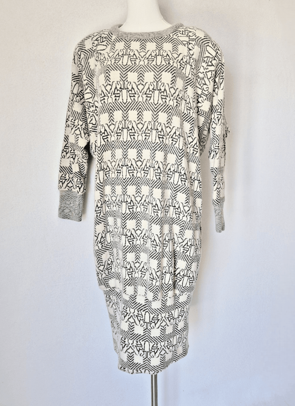 Vintage Sua Original Japan Wool Patterned Dolman Midi Sweater Dress Ivory Grey - Thumbnail 2