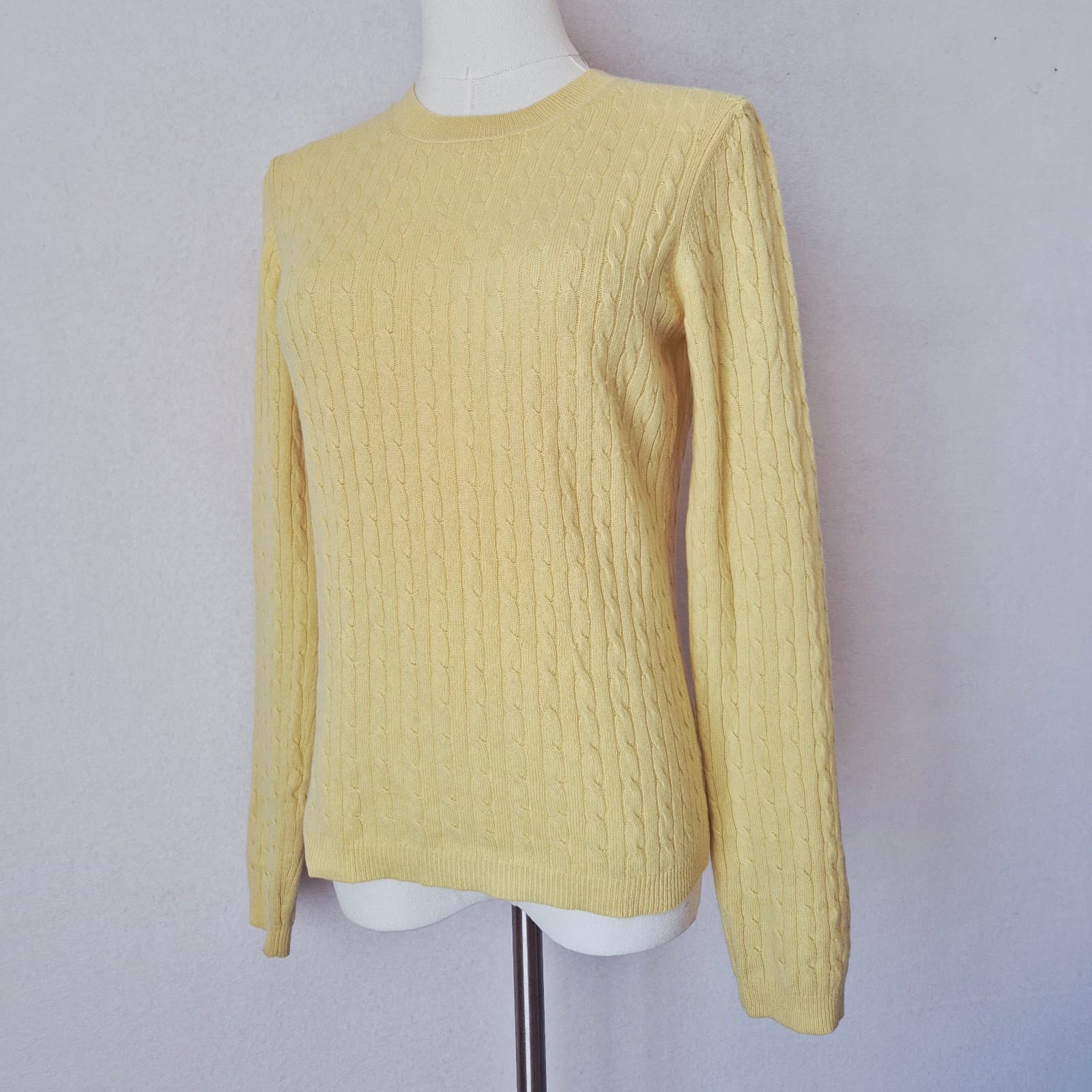 Vintage'90s Theory 100% Cashmere Cable Knit Crew Neck Sweater Yellow Women's S - Thumbnail 3