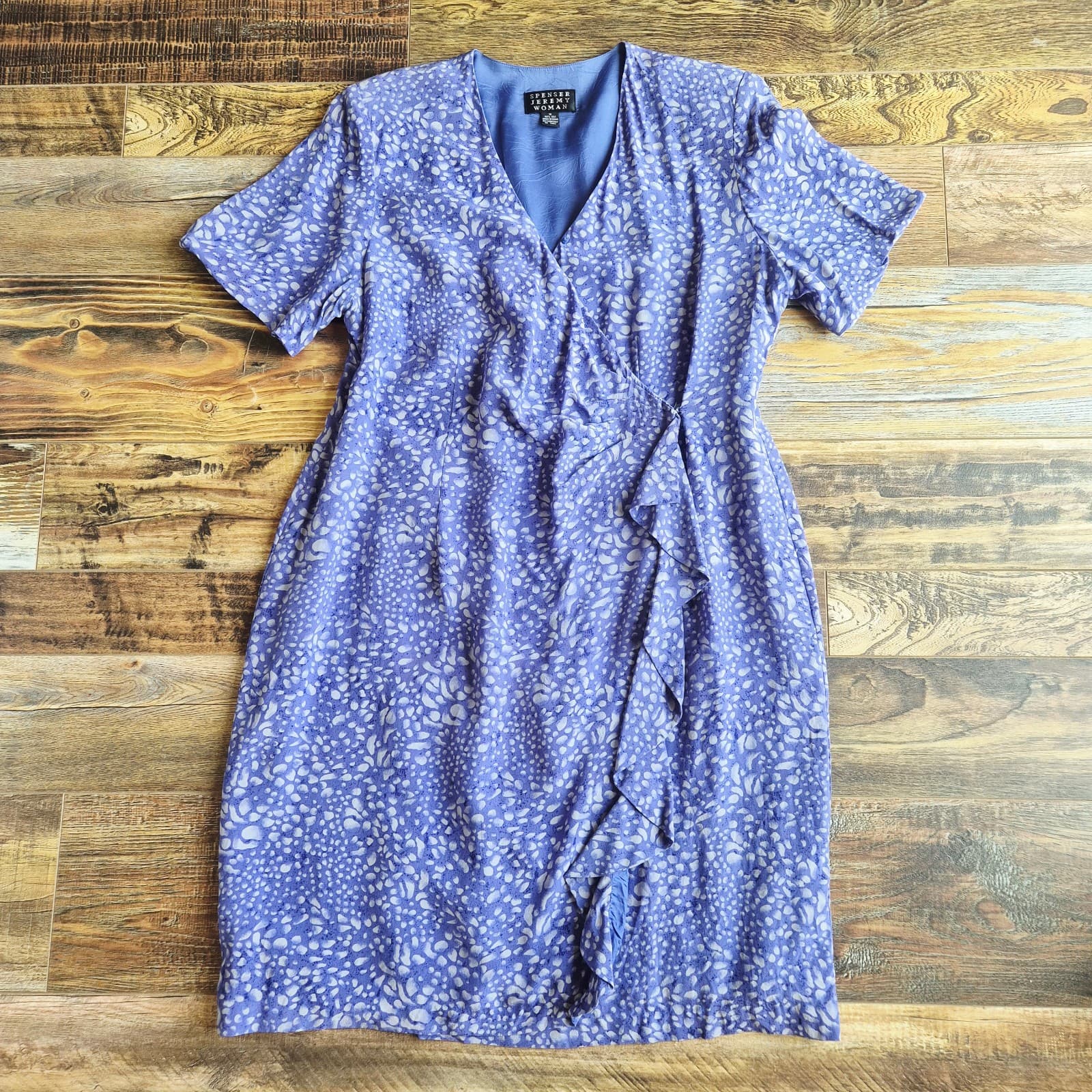 Vintage Spenser Jeremy Silk Ruffle Wrap Dress Short Sleeve Printed Purple Sz.16 - Thumbnail 5