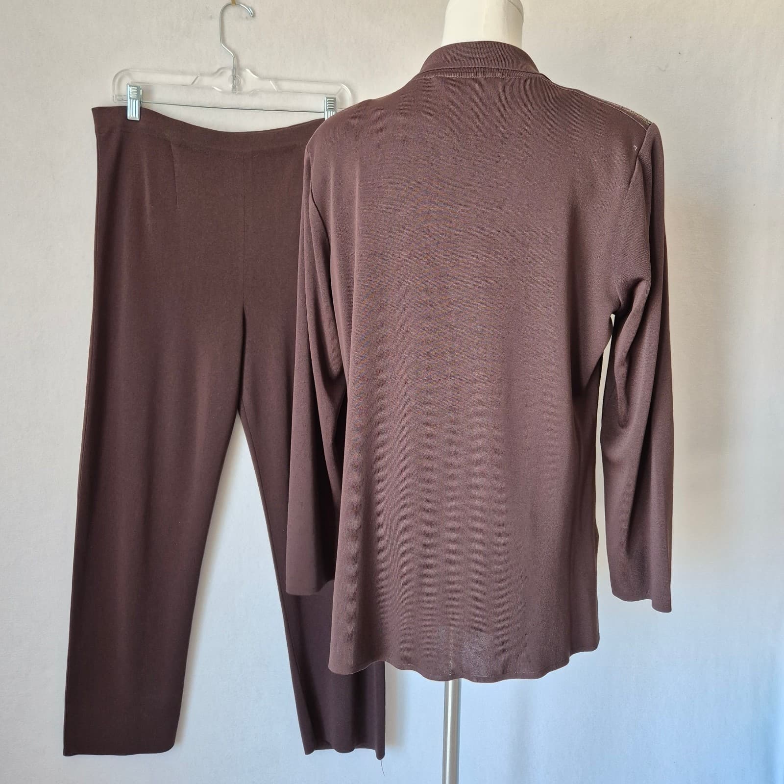 Exclusively Misook 3 Piece Tank Top + Open Cardigan Pants Knit Brown Black Sz.PM - Thumbnail 4