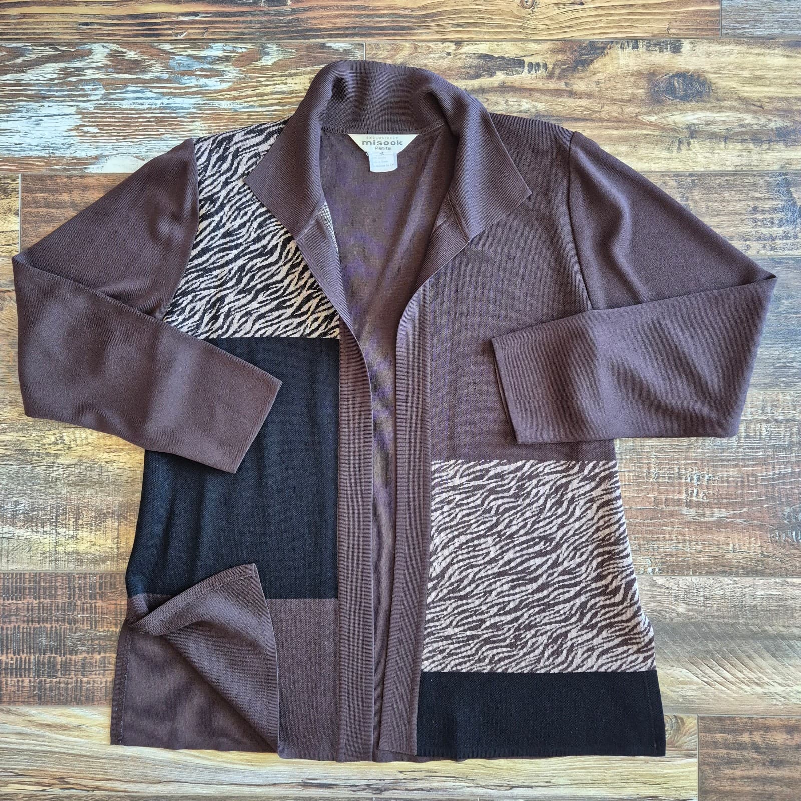 Exclusively Misook 3 Piece Tank Top + Open Cardigan Pants Knit Brown Black Sz.PM - Thumbnail 5