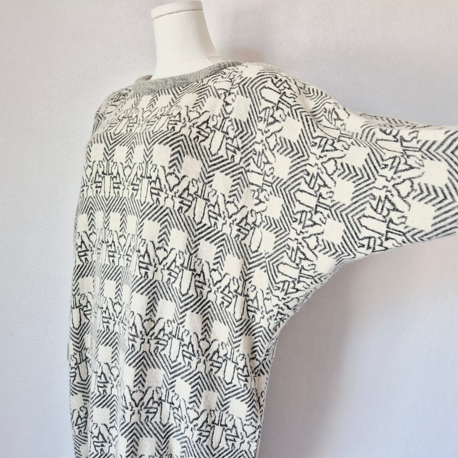 Vintage Sua Original Japan Wool Patterned Dolman Midi Sweater Dress Ivory Grey - Thumbnail 6