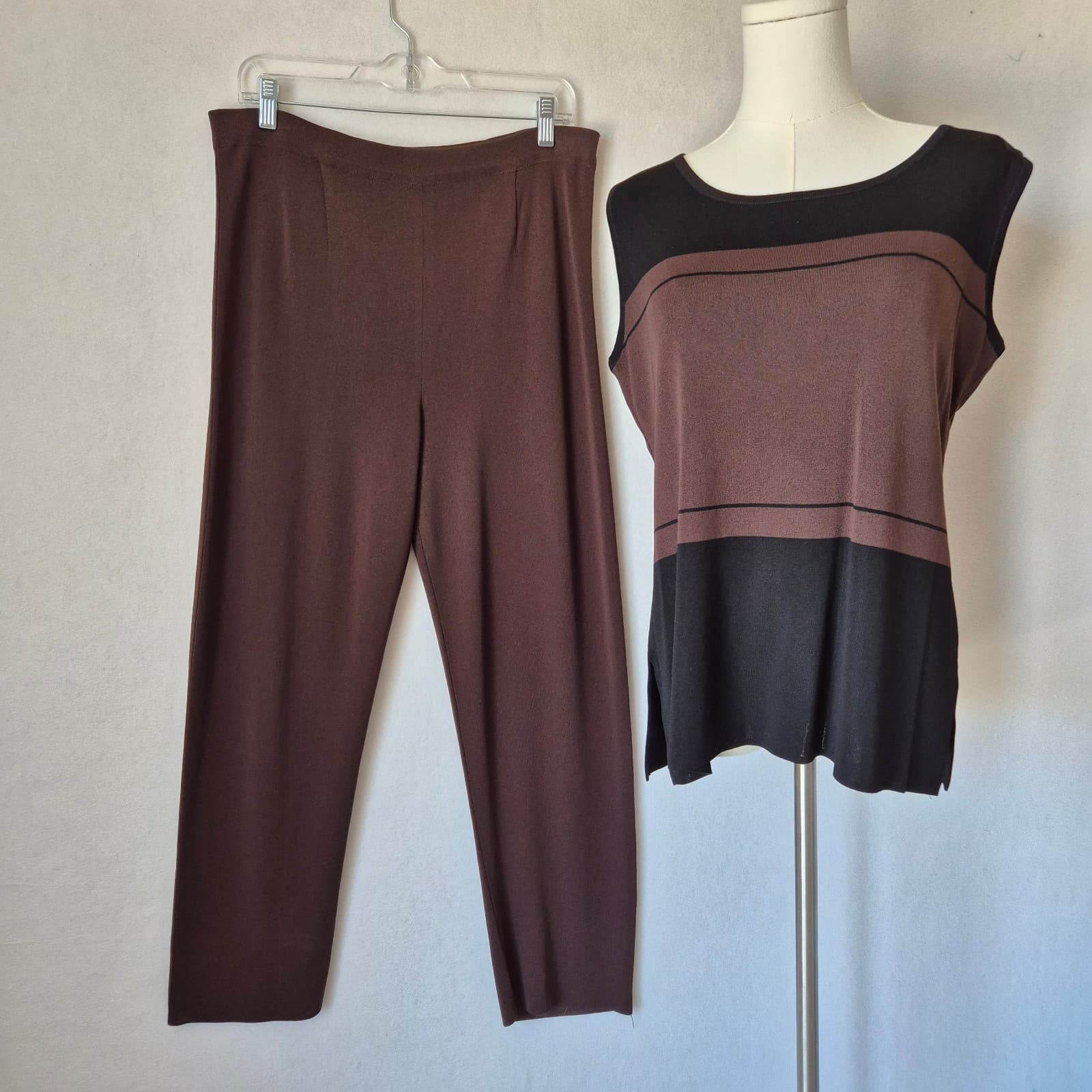 Exclusively Misook 3 Piece Tank Top + Open Cardigan Pants Knit Brown Black Sz.PM - Thumbnail 2