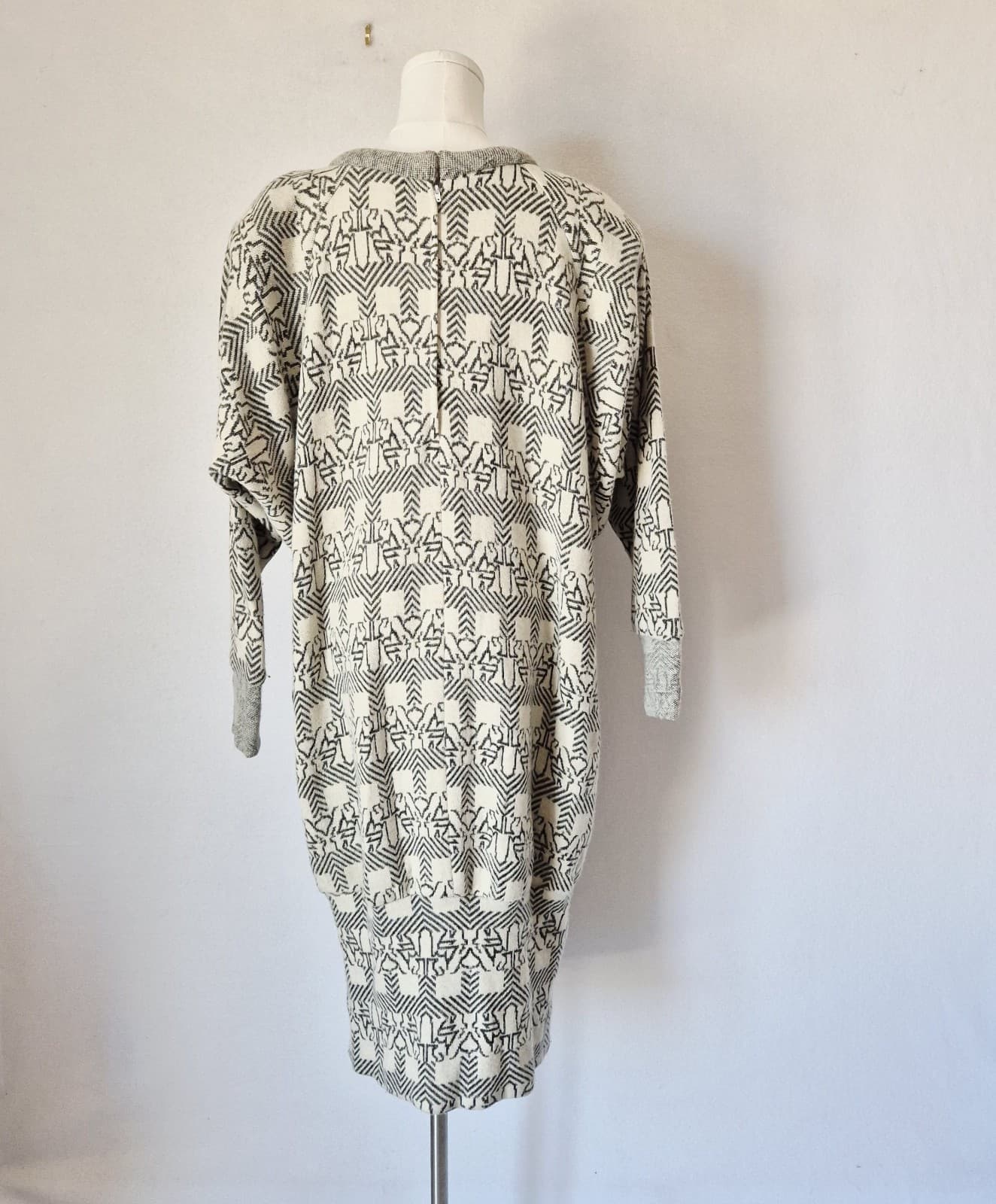 Vintage Sua Original Japan Wool Patterned Dolman Midi Sweater Dress Ivory Grey - Thumbnail 8