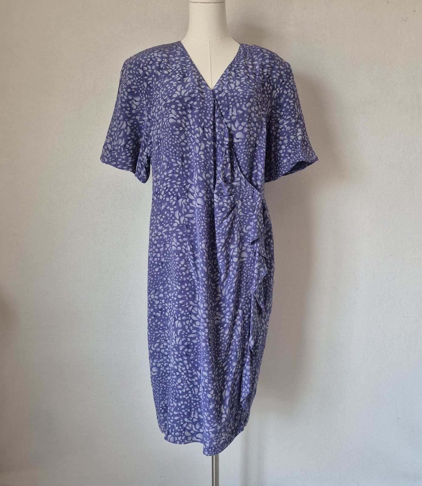 Vintage Spenser Jeremy Silk Ruffle Wrap Dress Short Sleeve Printed Purple Sz.16 - Thumbnail 3