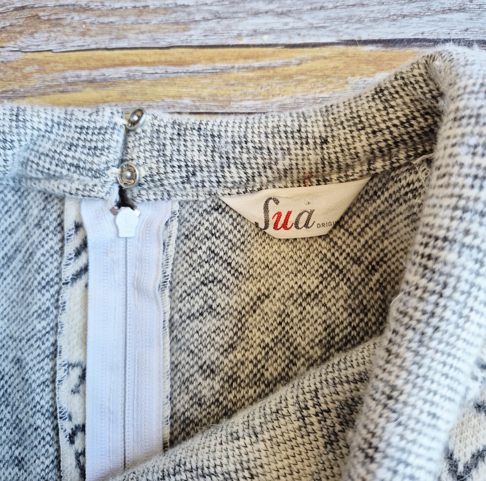 Vintage Sua Original Japan Wool Patterned Dolman Midi Sweater Dress Ivory Grey - Thumbnail 9