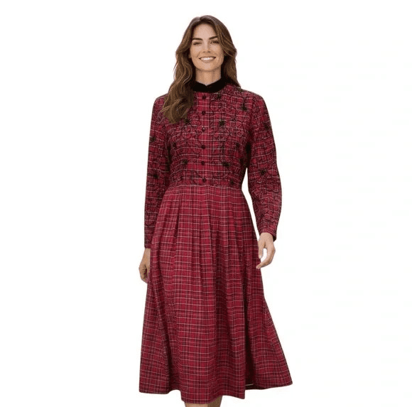 Vintage Country Wear Plaid Embroidered Velvet Cottagecore Pleat Midi Dress Sz.14 - Thumbnail 2