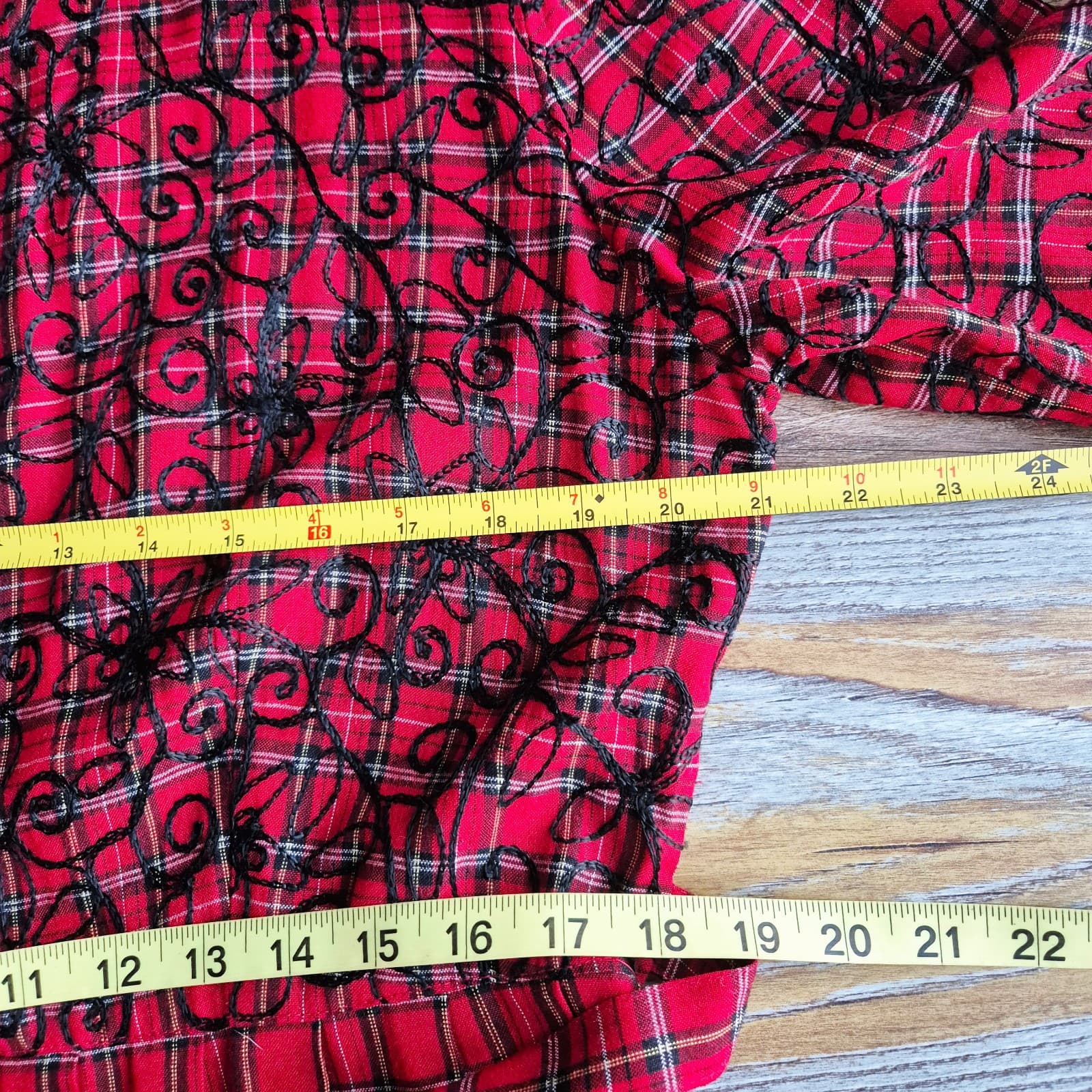 Vintage Country Wear Plaid Embroidered Velvet Cottagecore Pleat Midi Dress Sz.14 - Thumbnail 14