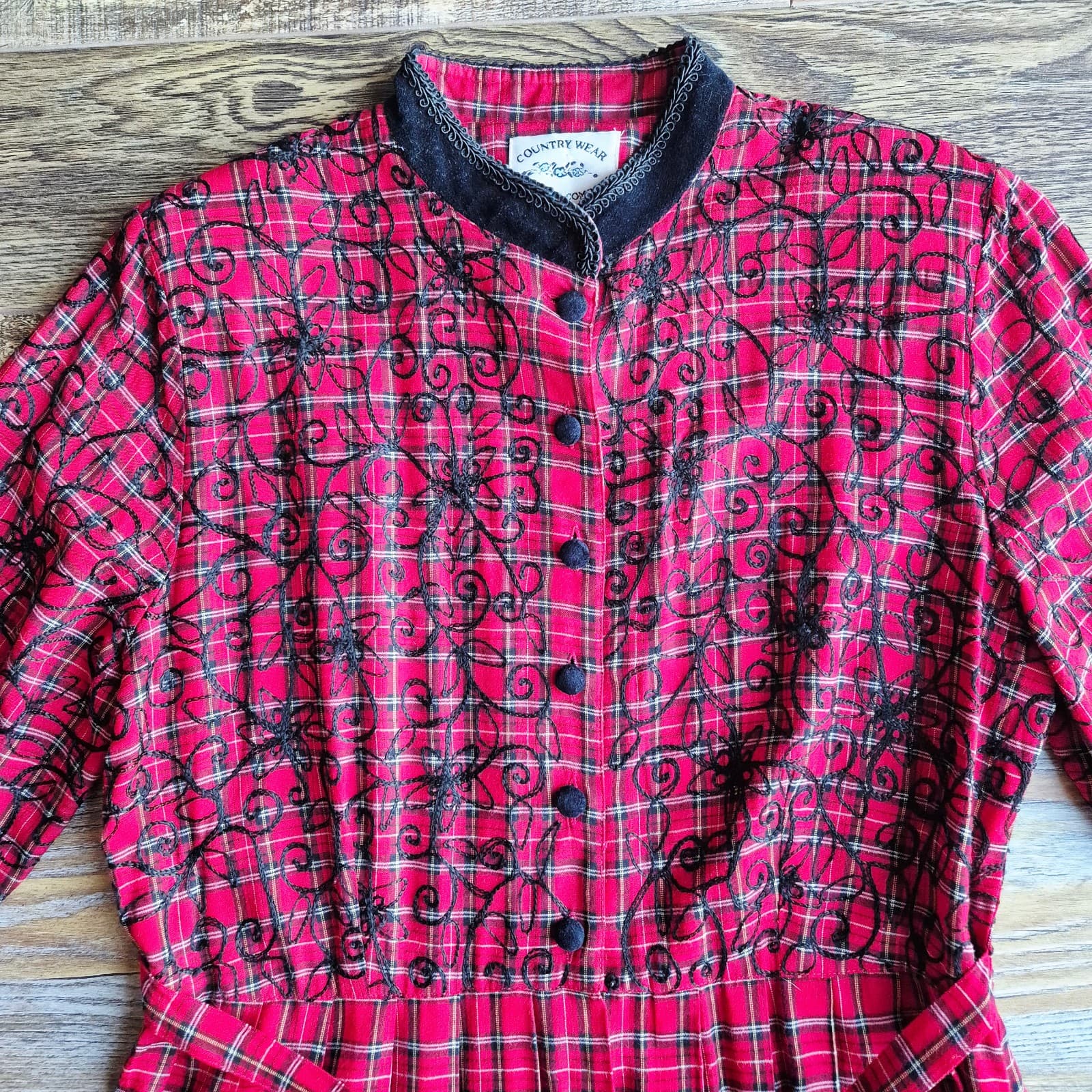 Vintage Country Wear Plaid Embroidered Velvet Cottagecore Pleat Midi Dress Sz.14 - Thumbnail 7