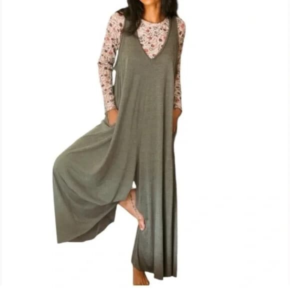 NWoT Natural Life Knit V-Neck Jumpsuit Sleeveless Wide Leg Pocket Green One Size - Thumbnail 4
