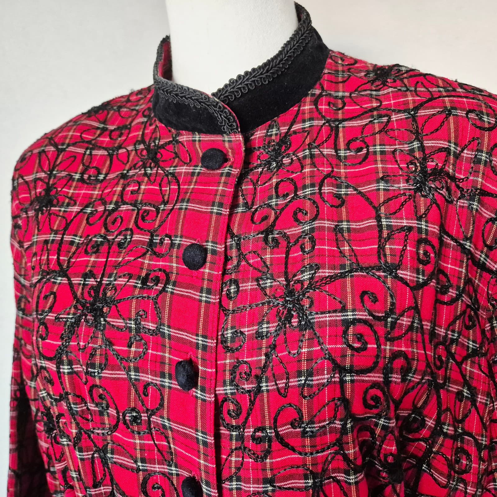 Vintage Country Wear Plaid Embroidered Velvet Cottagecore Pleat Midi Dress Sz.14 - Thumbnail 5