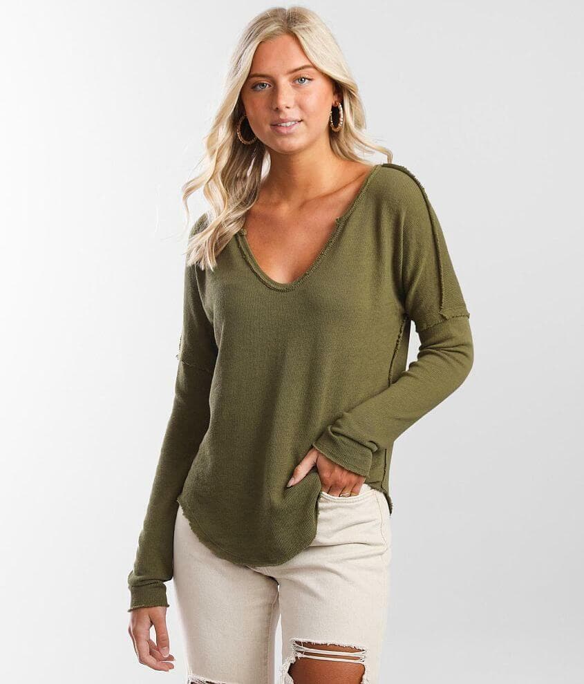 We The Free Come And Get It Top Long Sleeve V-Neck Knit Cotton Blend Green Small - Thumbnail 2