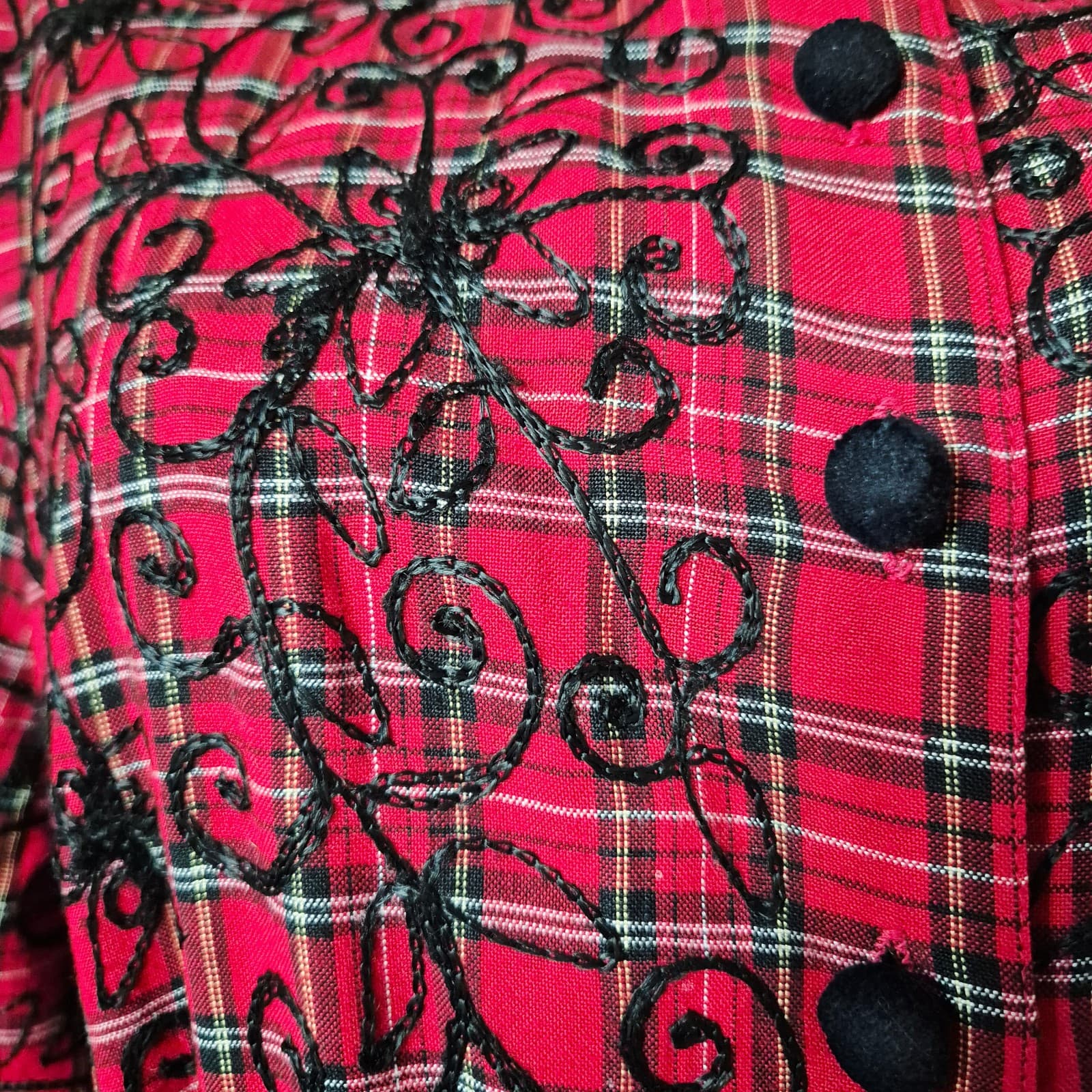 Vintage Country Wear Plaid Embroidered Velvet Cottagecore Pleat Midi Dress Sz.14 - Thumbnail 4