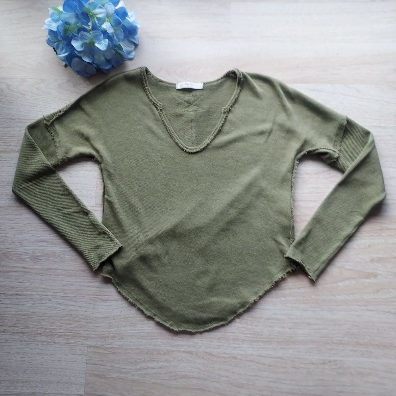 We The Free Come And Get It Top Long Sleeve V-Neck Knit Cotton Blend Green Small - Thumbnail 6