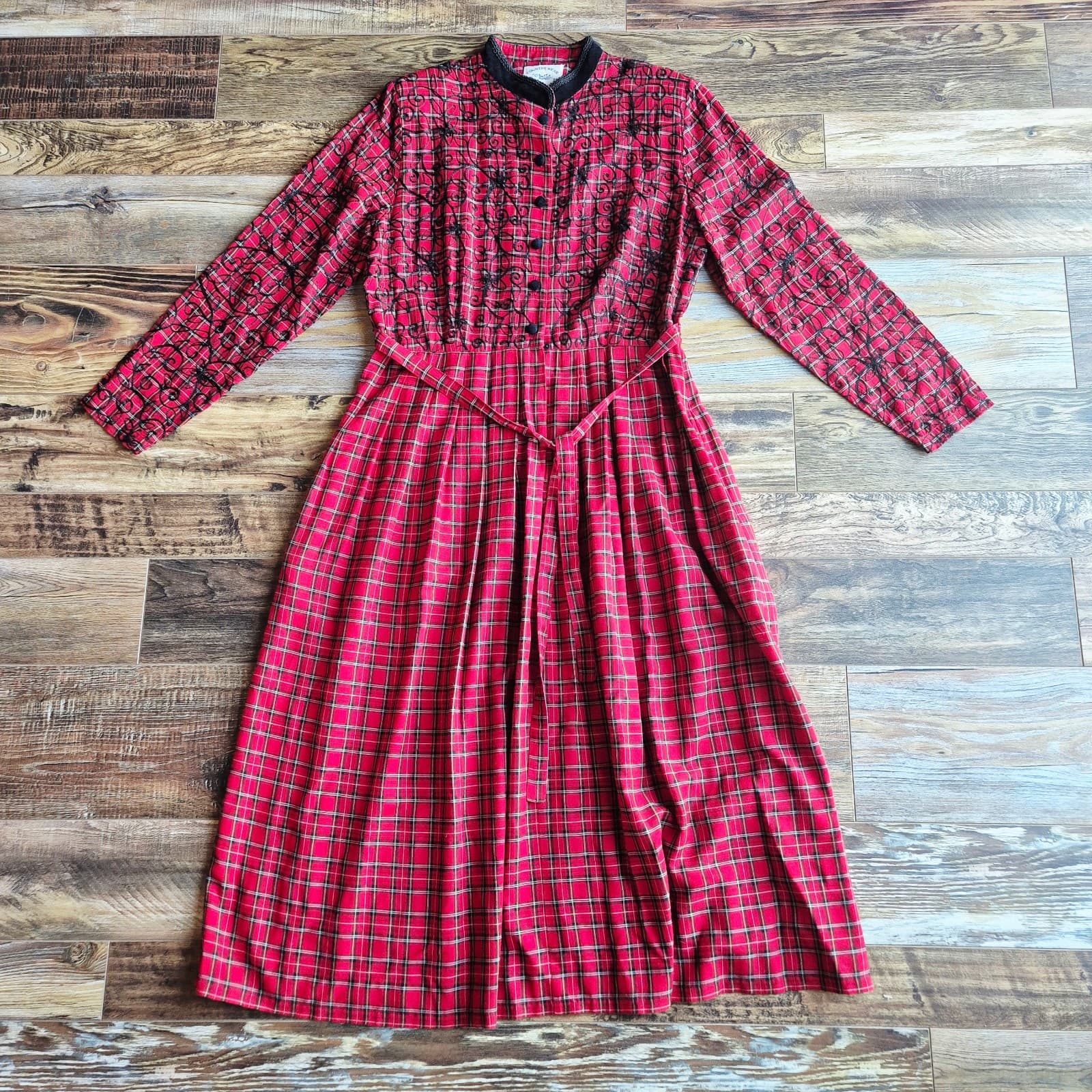Vintage Country Wear Plaid Embroidered Velvet Cottagecore Pleat Midi Dress Sz.14 - Thumbnail 6