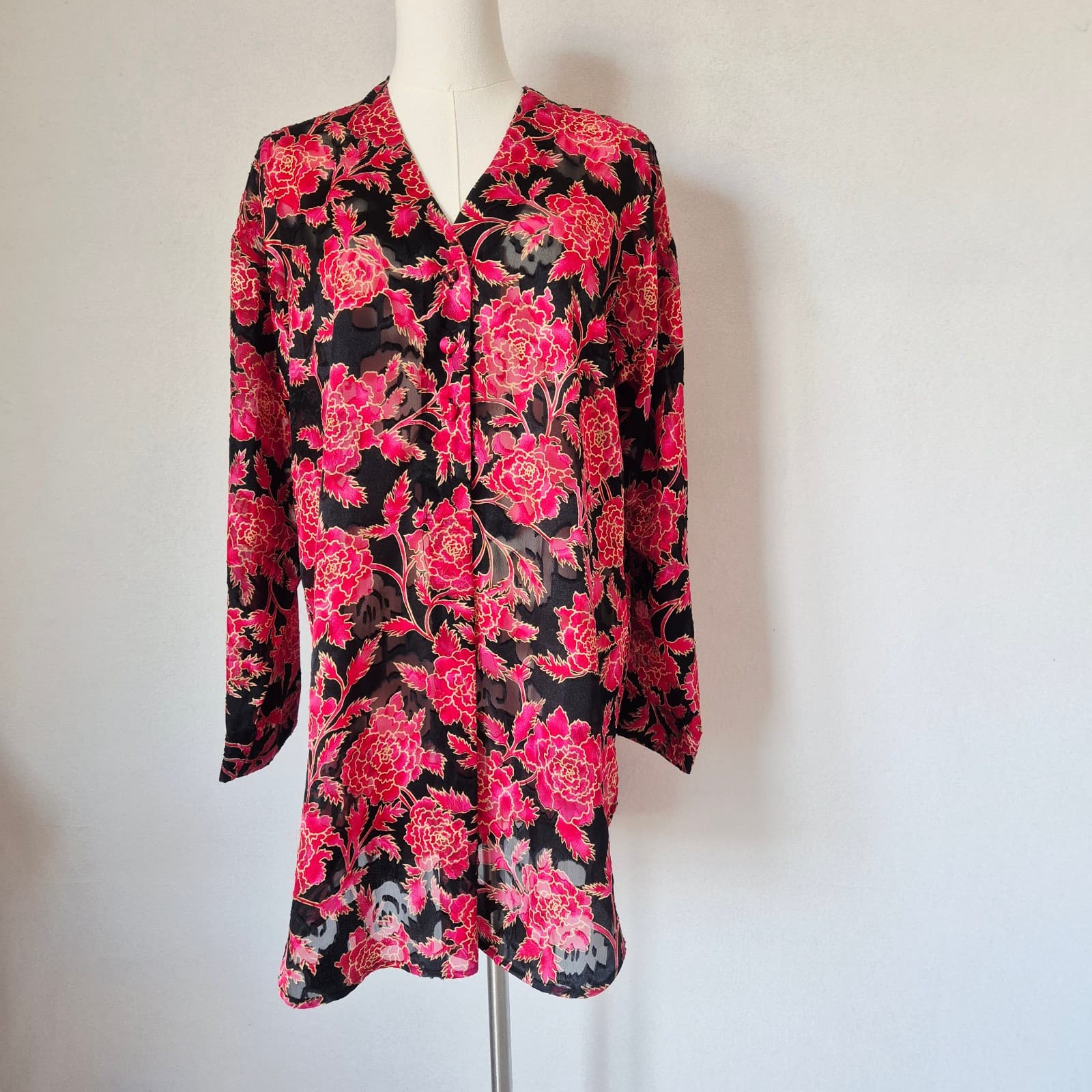 Vintage Victoria's Secret Burnout Chiffon Floral Nightgown Shirt Red Black Sz.S - Thumbnail 2