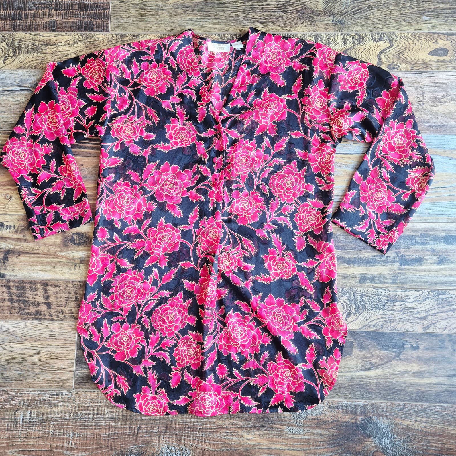 Vintage Victoria's Secret Burnout Chiffon Floral Nightgown Shirt Red Black Sz.S - Thumbnail 4
