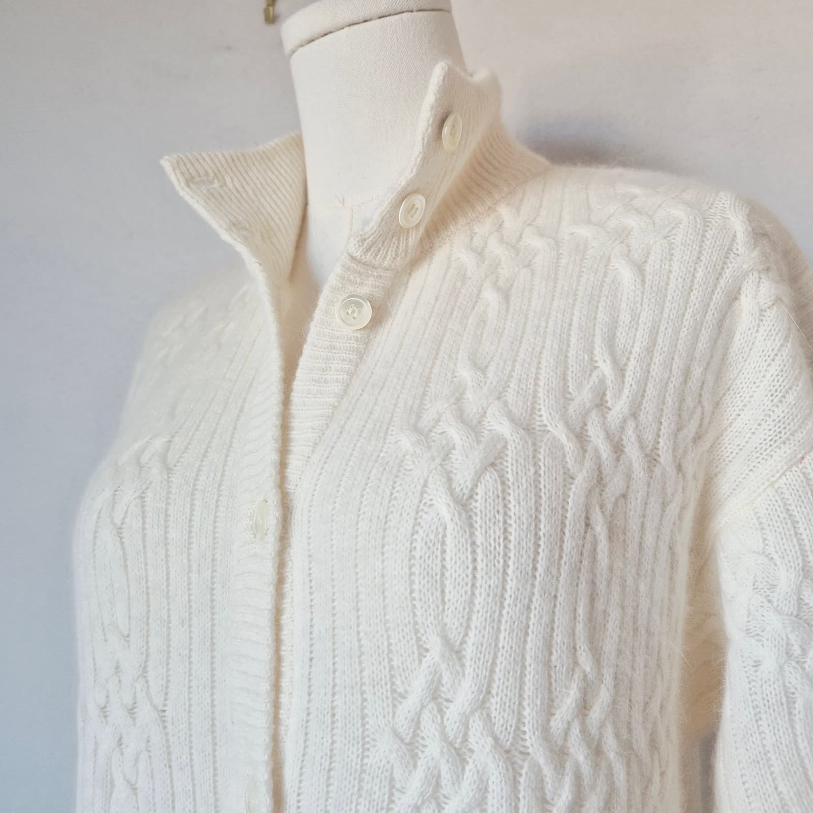 Vintage Liz Claiborne Lambswool Angora Cable-Knit Button Sweater Dress Ivory PS - Thumbnail 3