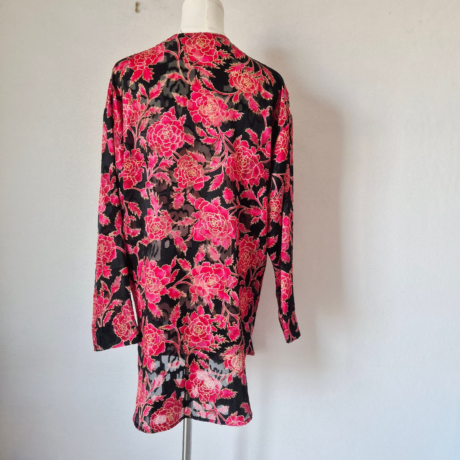 Vintage Victoria's Secret Burnout Chiffon Floral Nightgown Shirt Red Black Sz.S - Thumbnail 5
