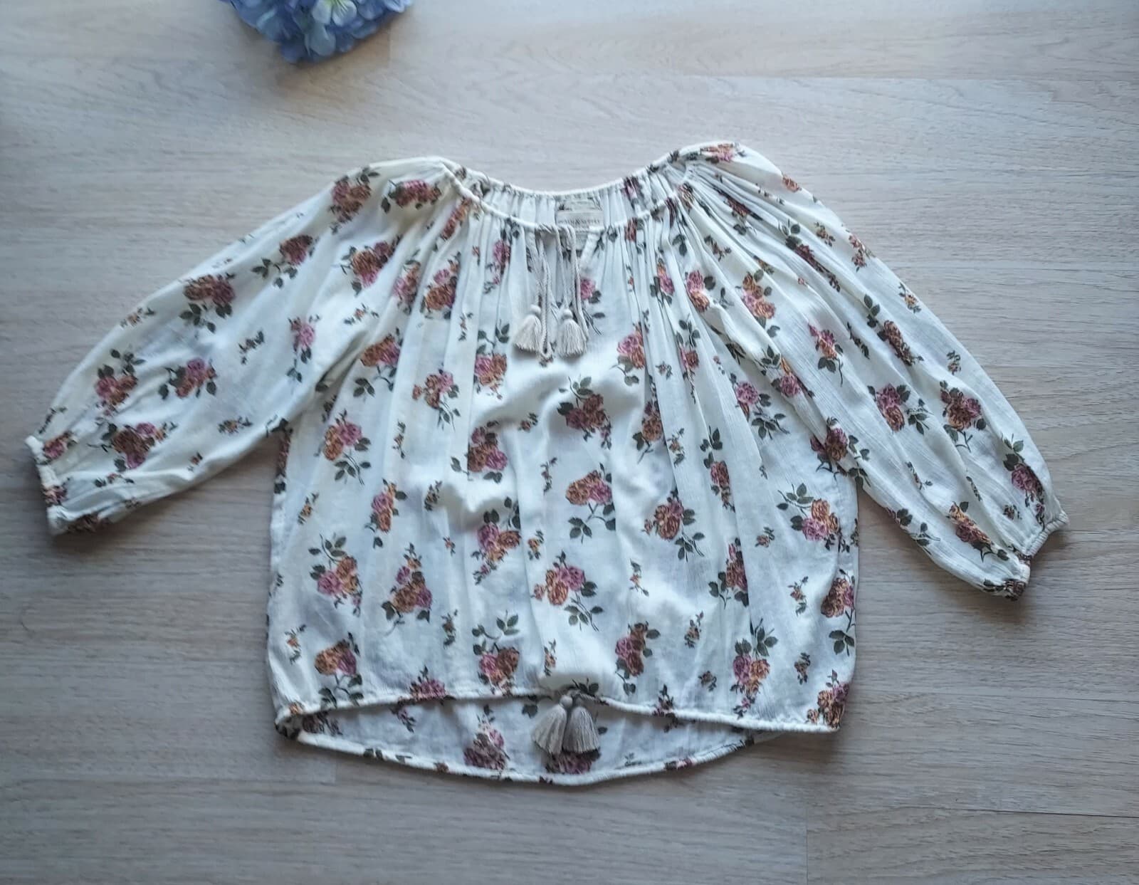 NWT Denim $ Supply Ralph Lauren Floral Tassel Boho Top Puff-Sleeve Cream Small - Thumbnail 6