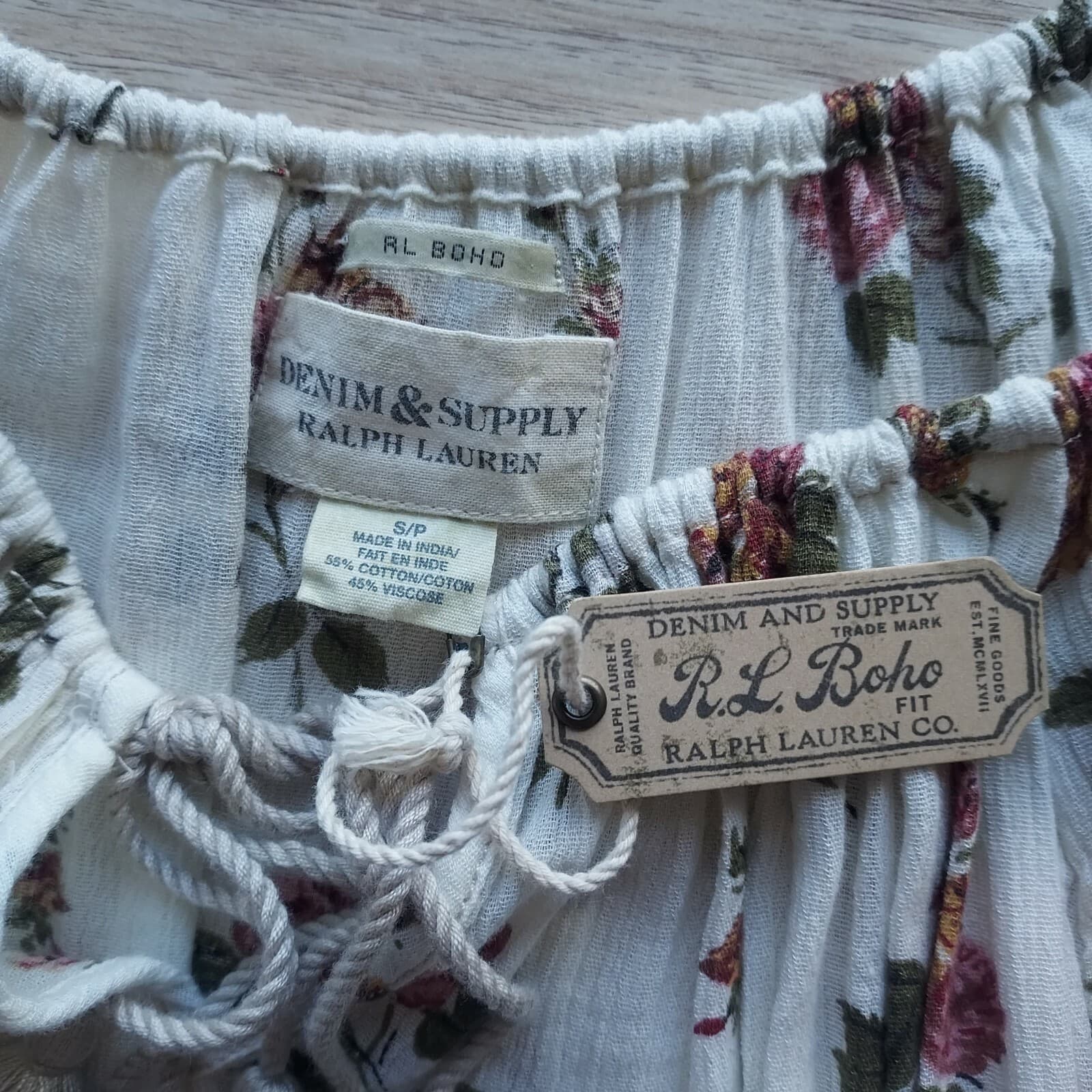 NWT Denim $ Supply Ralph Lauren Floral Tassel Boho Top Puff-Sleeve Cream Small - Thumbnail 9