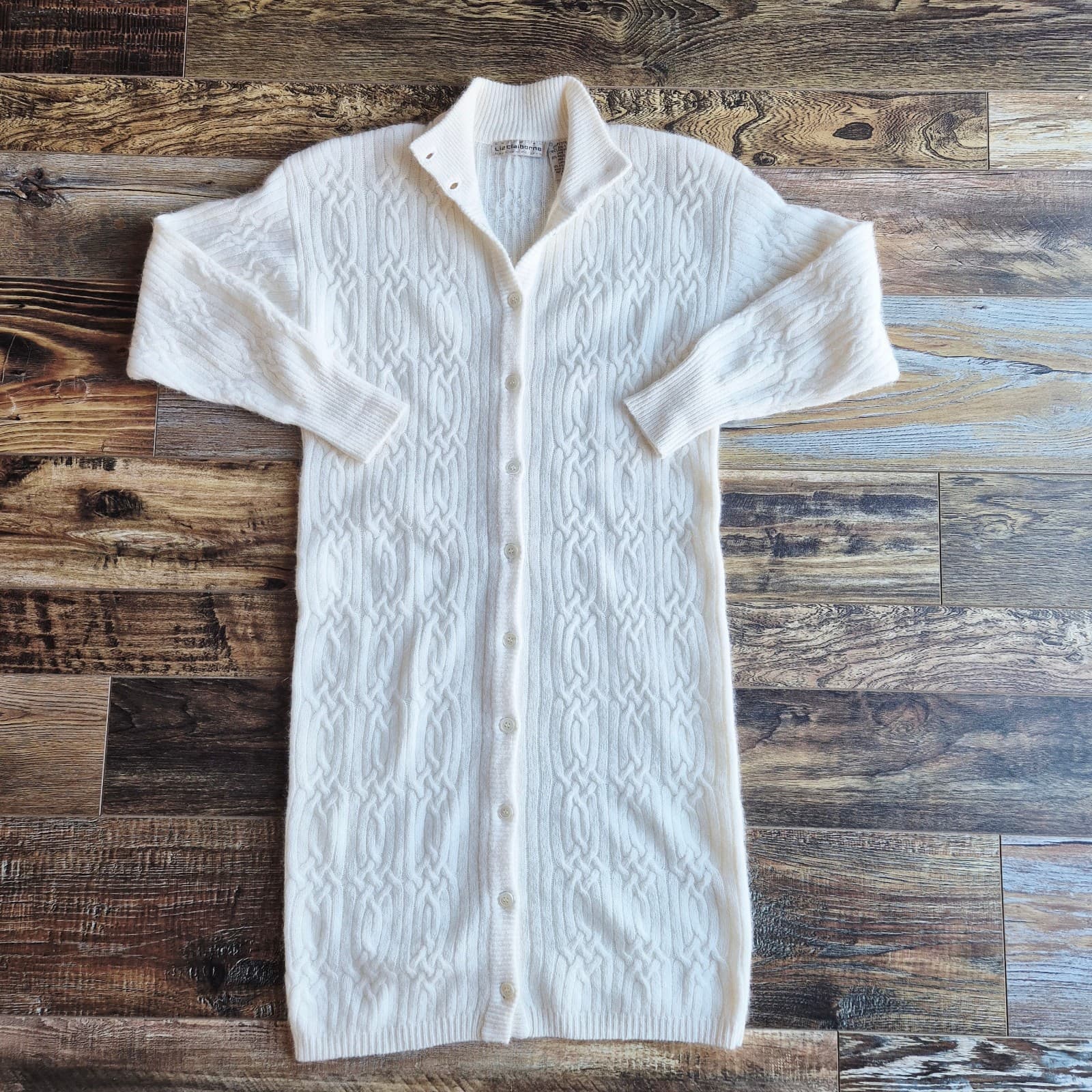 Vintage Liz Claiborne Lambswool Angora Cable-Knit Button Sweater Dress Ivory PS - Thumbnail 4