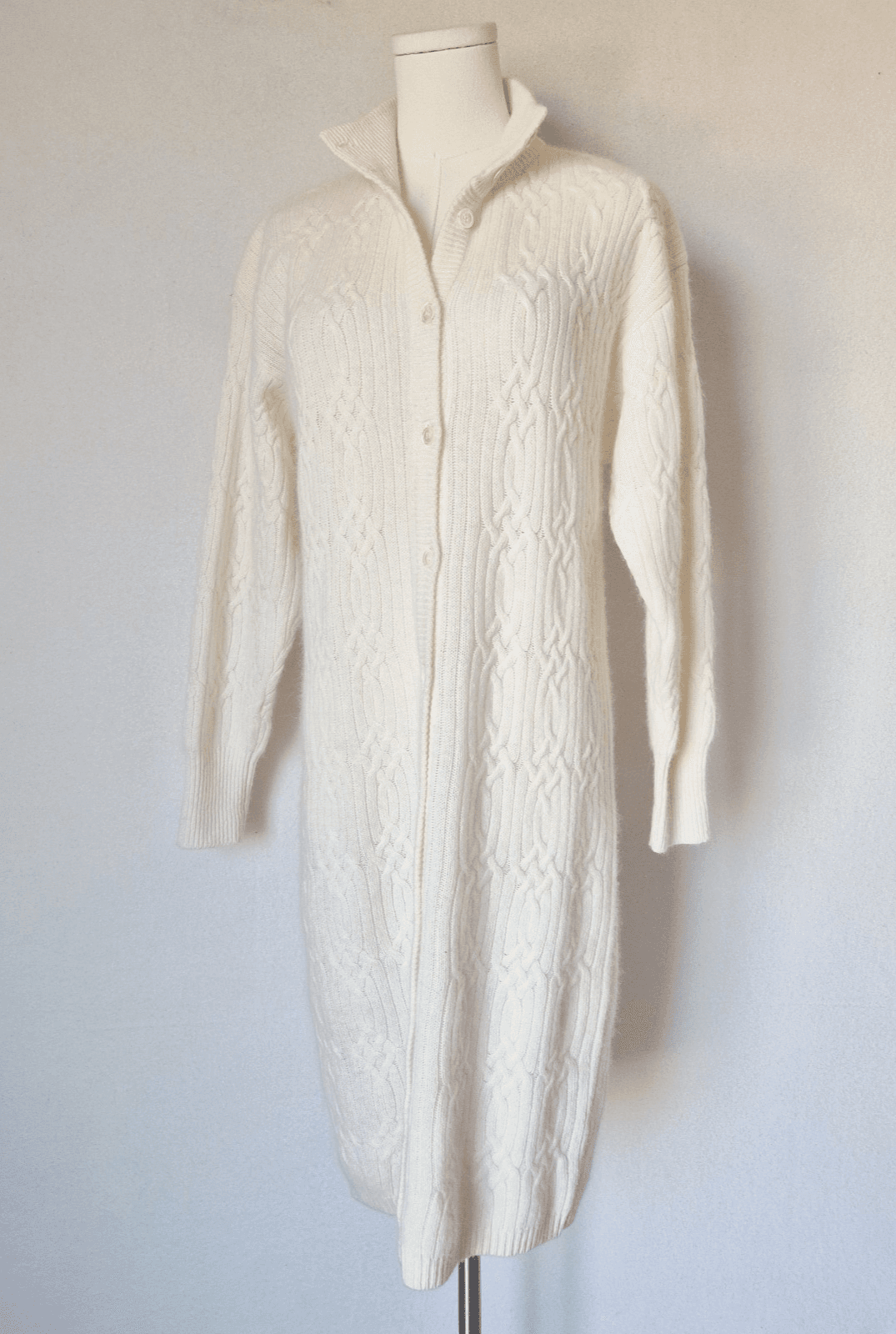 Vintage Liz Claiborne Lambswool Angora Cable-Knit Button Sweater Dress Ivory PS - Thumbnail 2