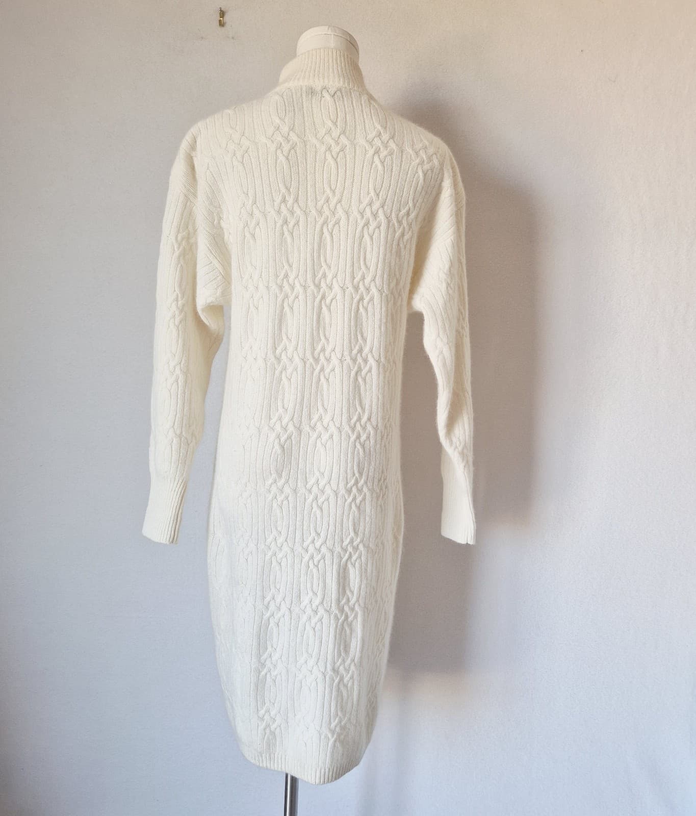 Vintage Liz Claiborne Lambswool Angora Cable-Knit Button Sweater Dress Ivory PS - Thumbnail 6