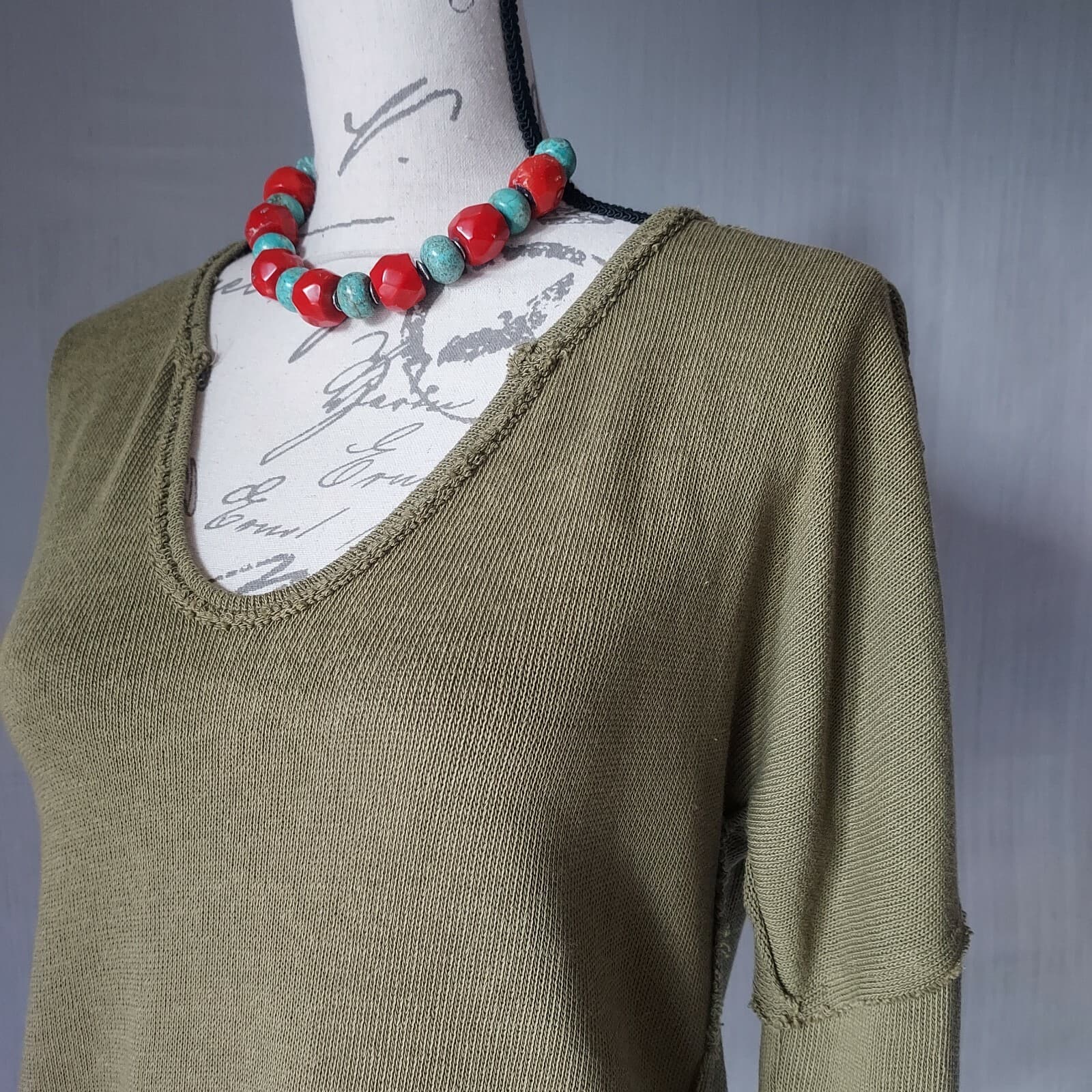 We The Free Come And Get It Top Long Sleeve V-Neck Knit Cotton Blend Green Small - Thumbnail 3
