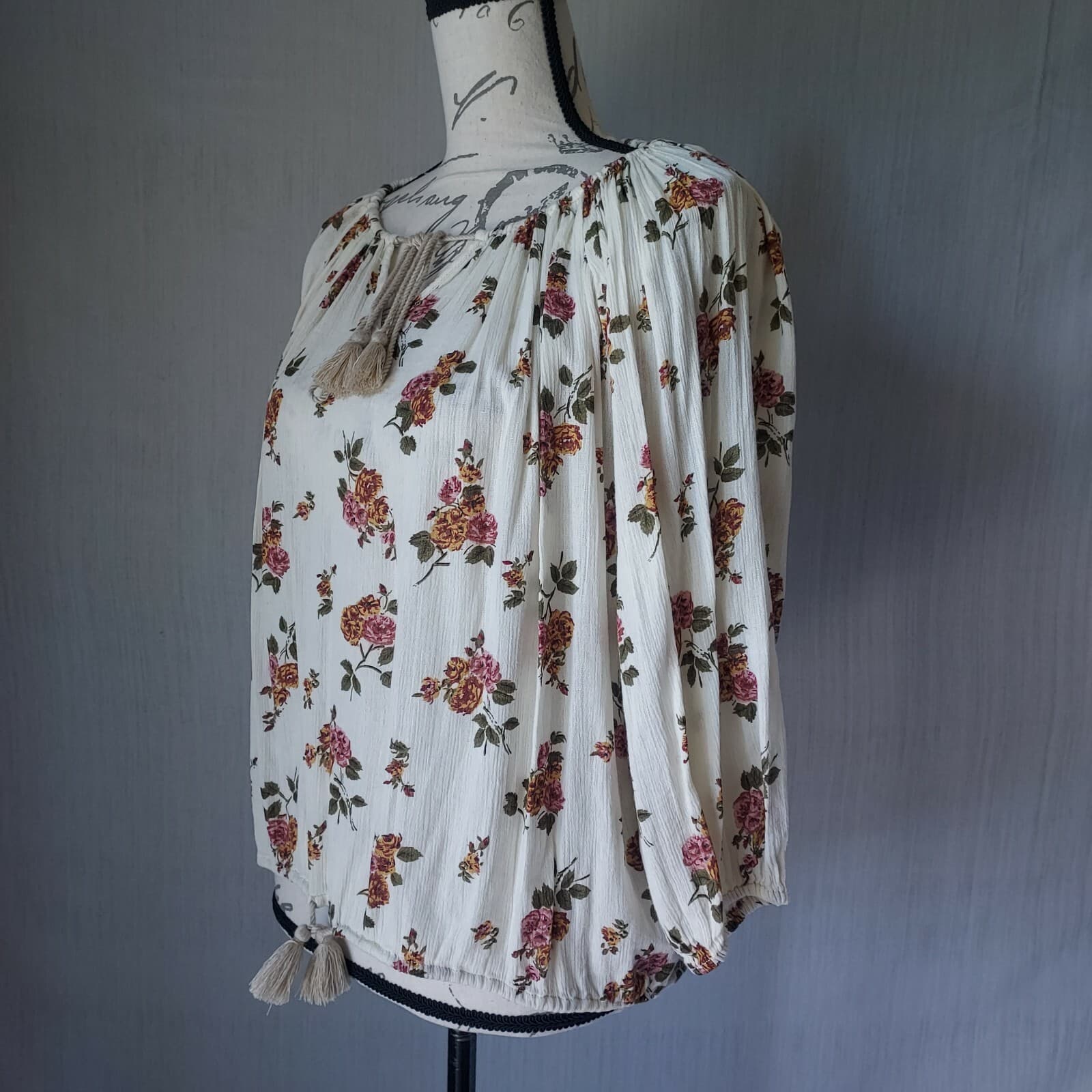 NWT Denim $ Supply Ralph Lauren Floral Tassel Boho Top Puff-Sleeve Cream Small - Thumbnail 4