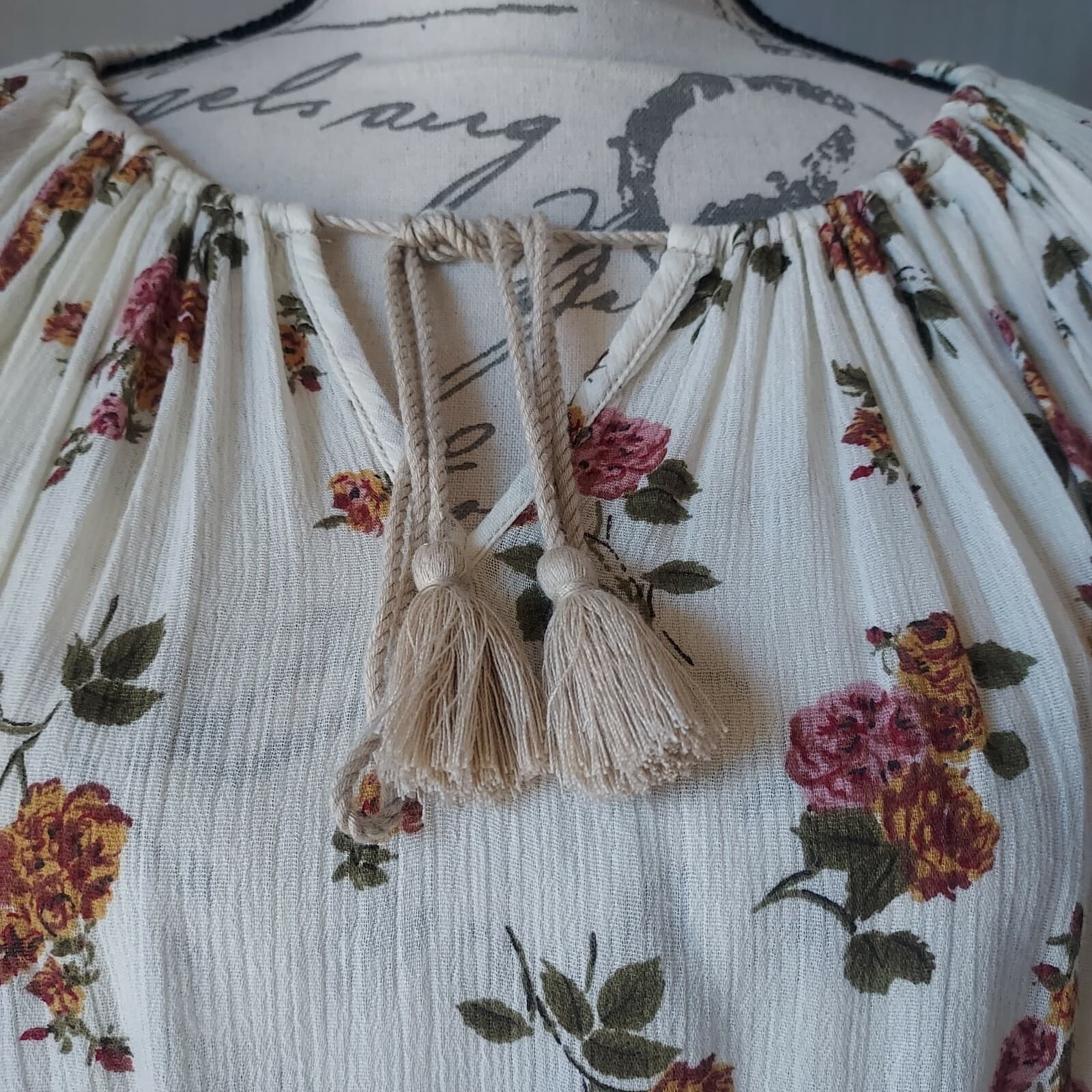 NWT Denim $ Supply Ralph Lauren Floral Tassel Boho Top Puff-Sleeve Cream Small - Thumbnail 3