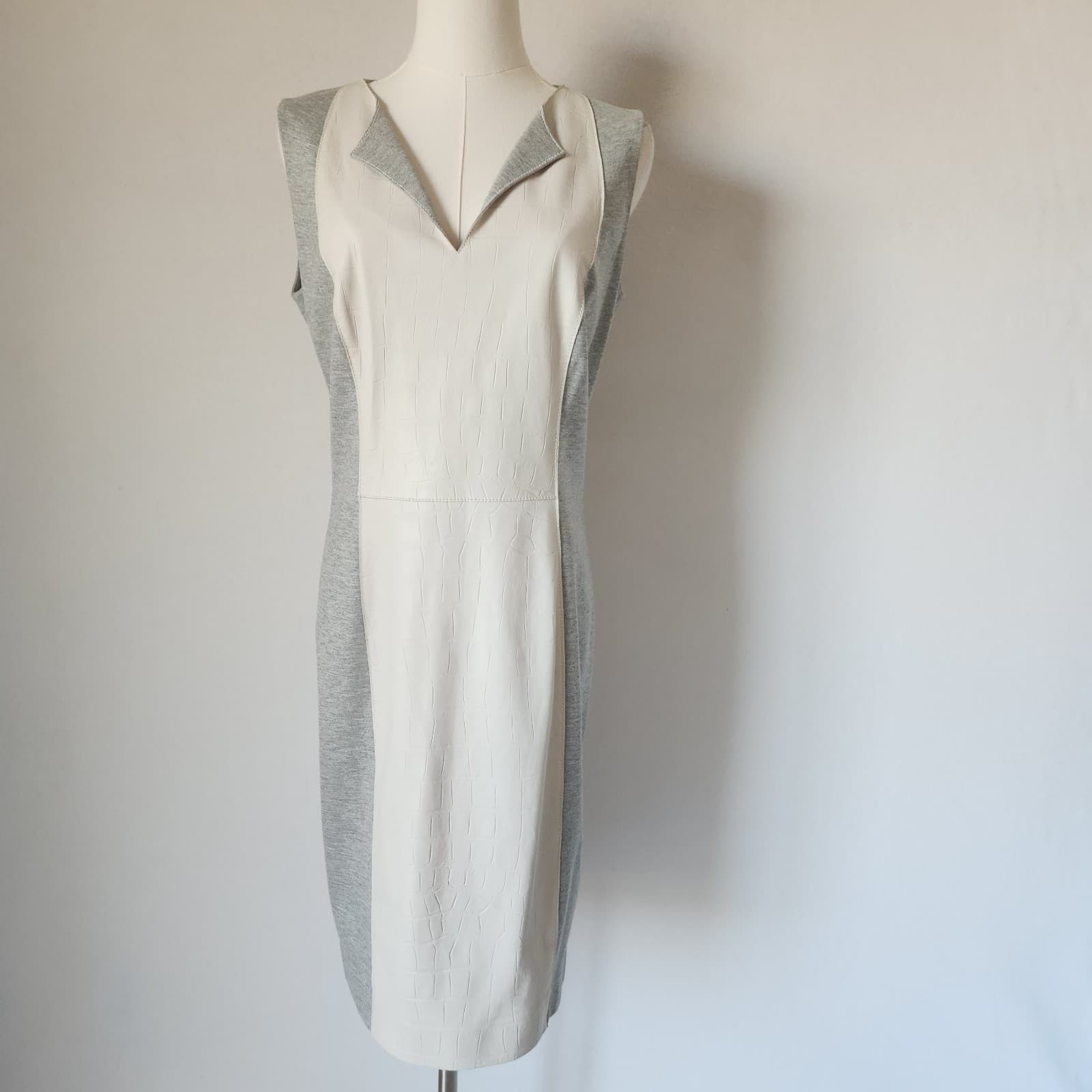 Escada Sport Lilith Croc Embossed Leather Sheath Dress Sleeveless Beige Gray 38 - Thumbnail 2