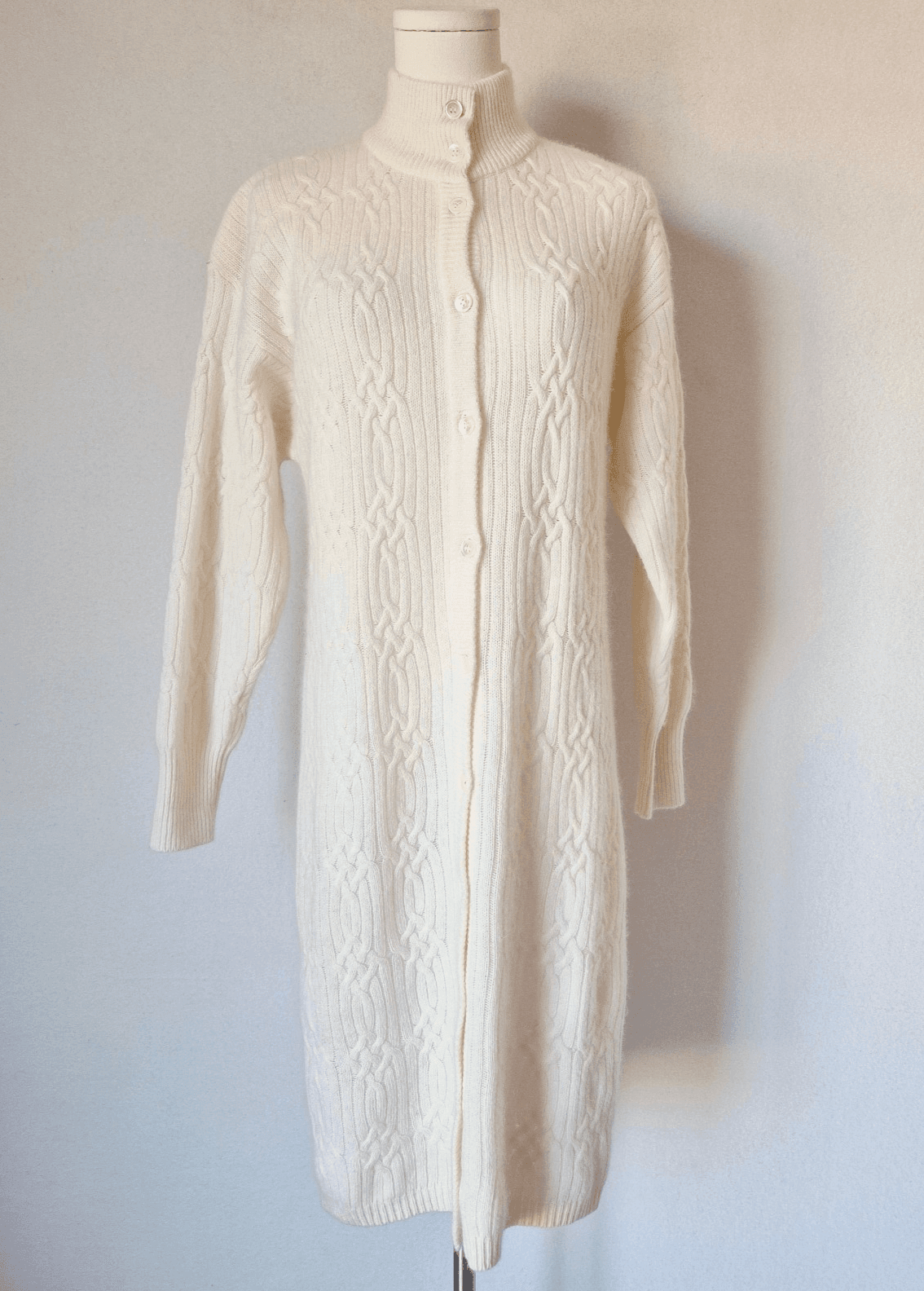 Vintage Liz Claiborne Lambswool Angora Cable-Knit Button Sweater Dress Ivory PS
