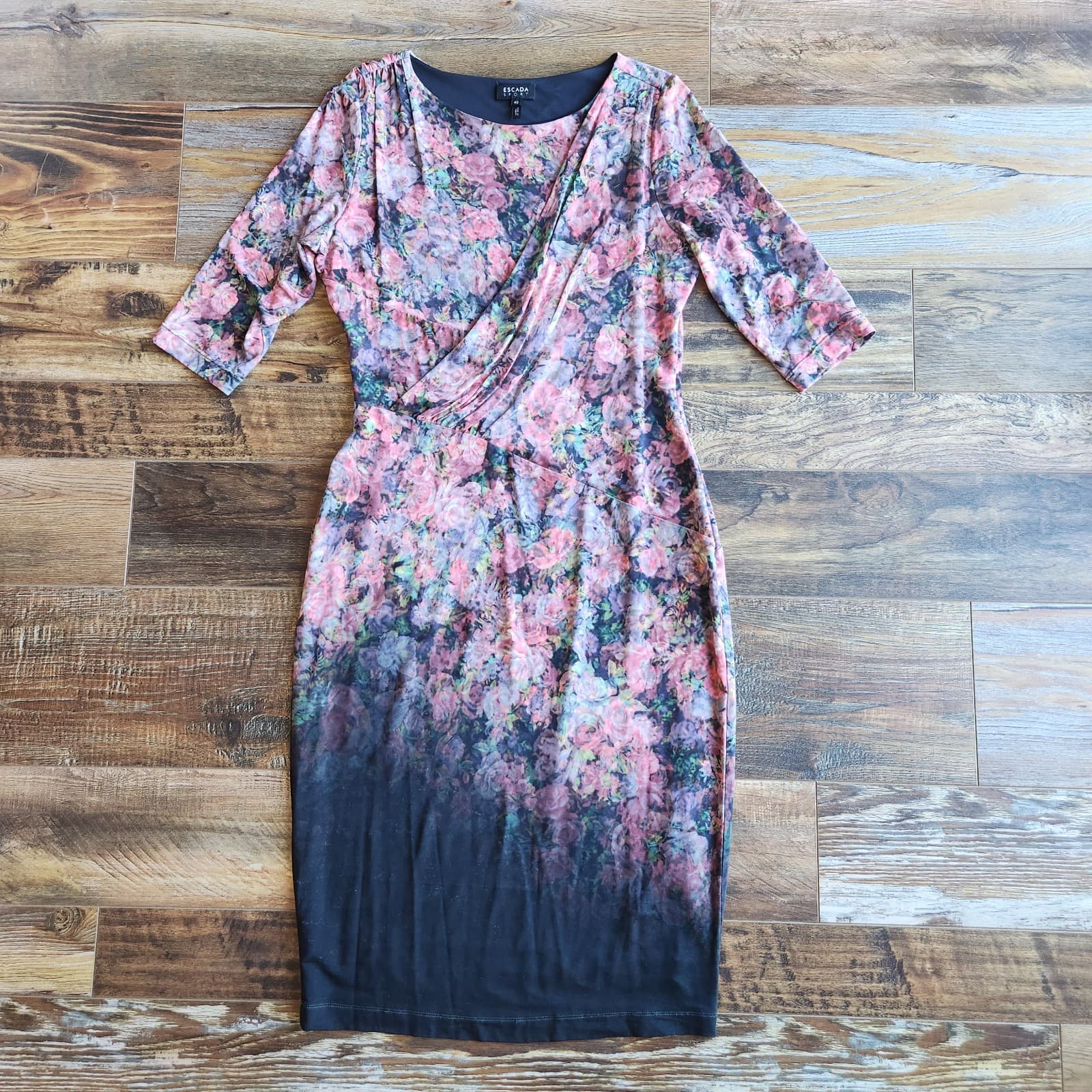 Escada Sport Enura Fantasy Floral Jersey Ruched Dress 3/4 Sleeve Stretch Sz.40 - Thumbnail 7