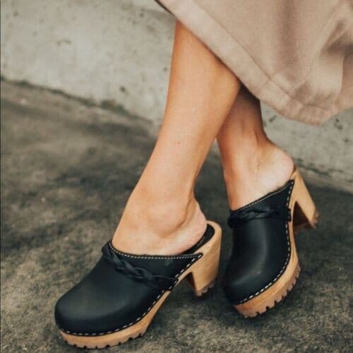 Mia Sweden Elsa Braided Leather Clog Mule Chunky 3" Heel Black Women EU39 US8.5 - Thumbnail 3