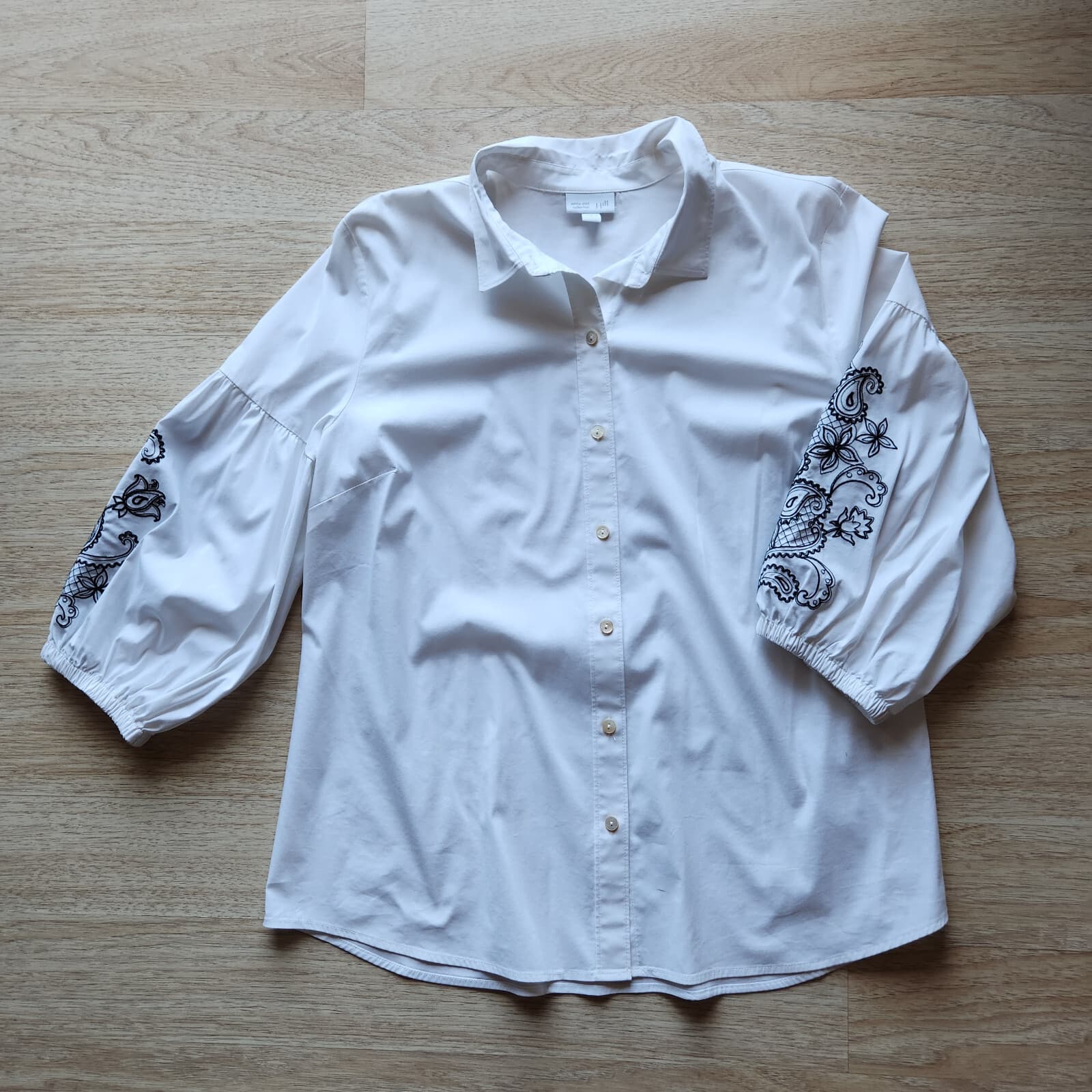 J.Jill White Shirt Collection Paisley Embroidered Button-Up Puff-Sleeve Womens L - Thumbnail 6