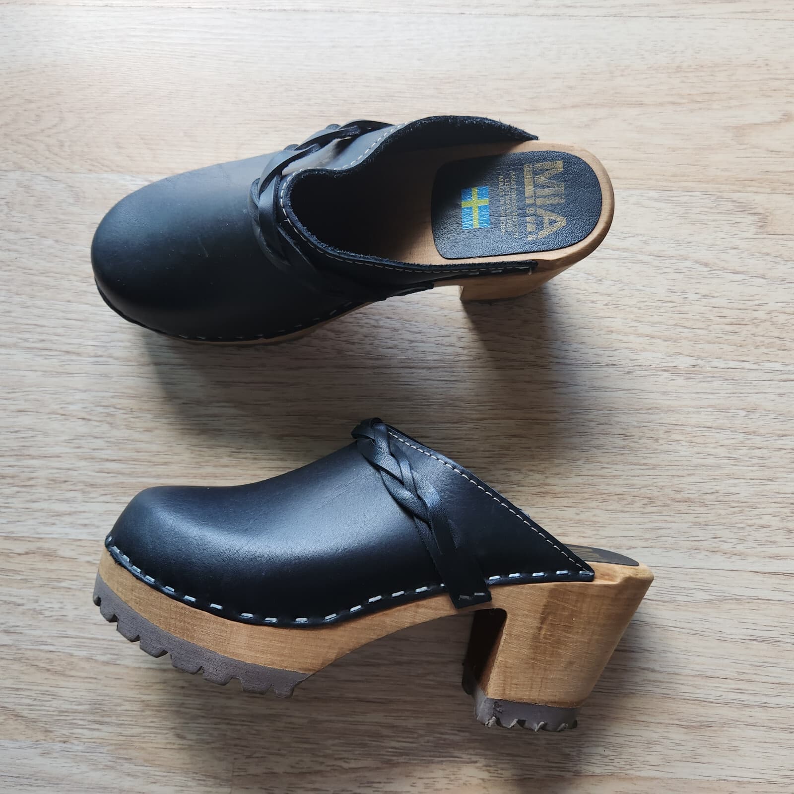 Mia Sweden Elsa Braided Leather Clog Mule Chunky 3" Heel Black Women EU39 US8.5 - Thumbnail 2