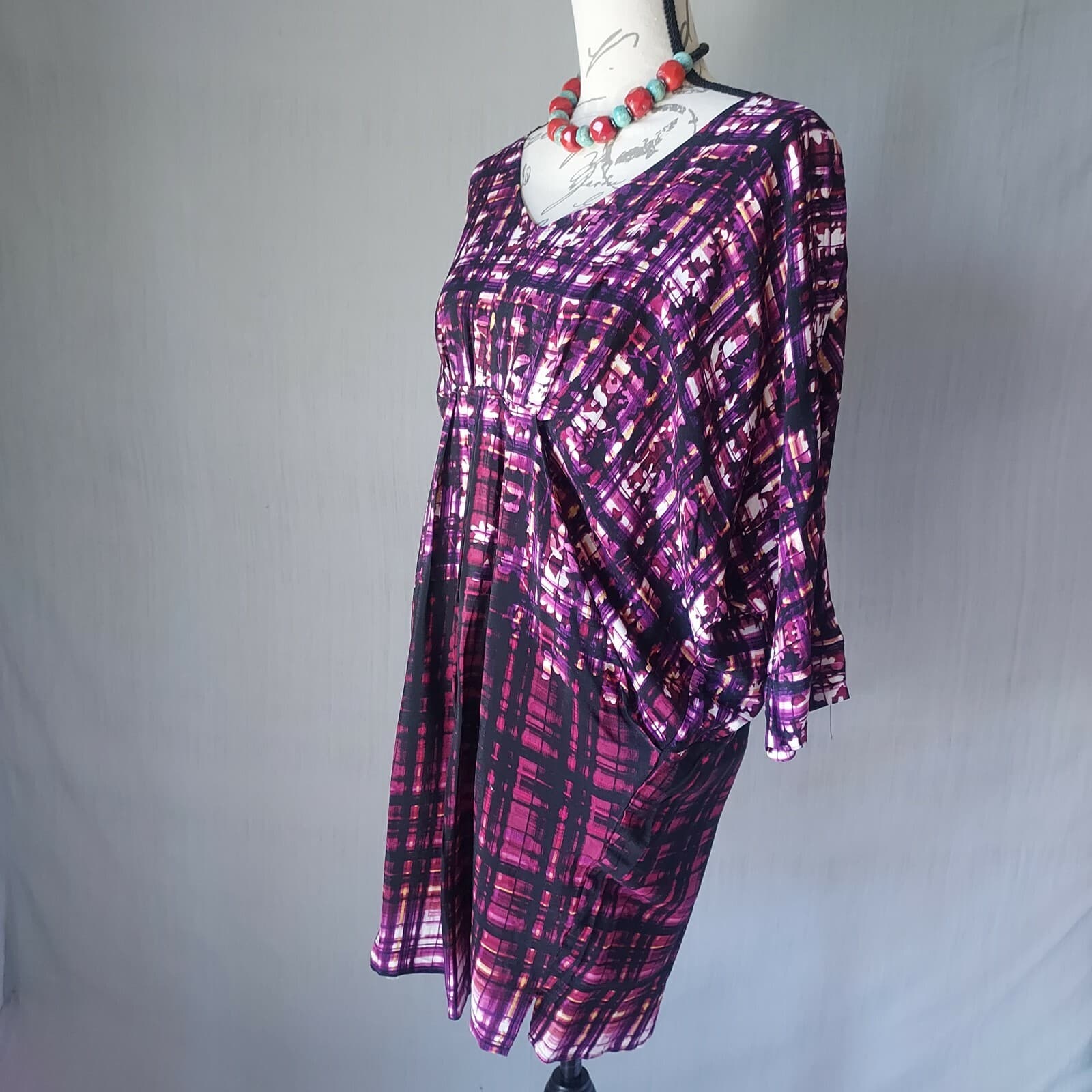 Maeve Anthropologie Crepe Mini Dress Batwing Sleeve Pocket Purple Oversize XS - Thumbnail 5