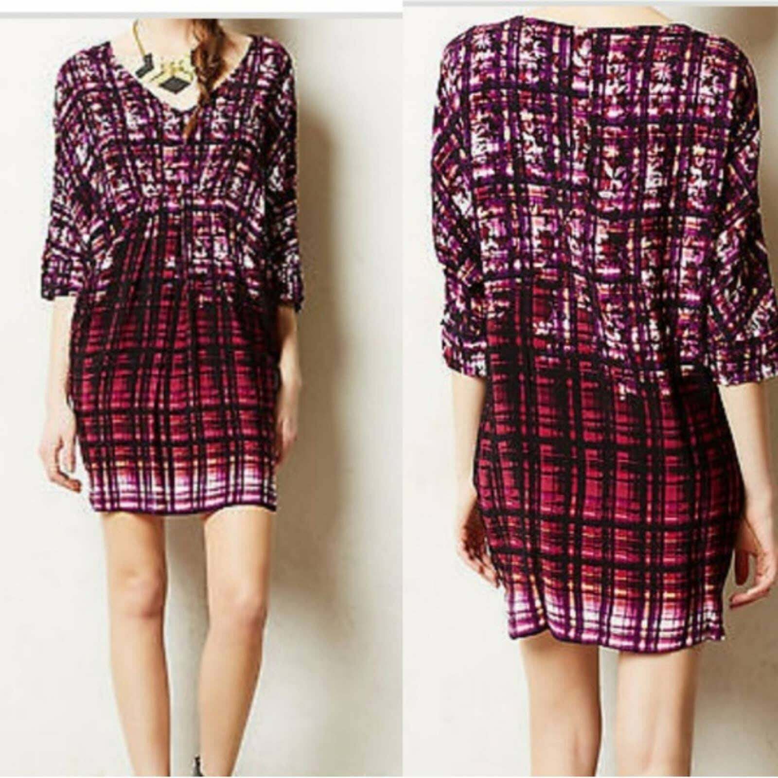 Maeve Anthropologie Crepe Mini Dress Batwing Sleeve Pocket Purple Oversize XS - Thumbnail 2