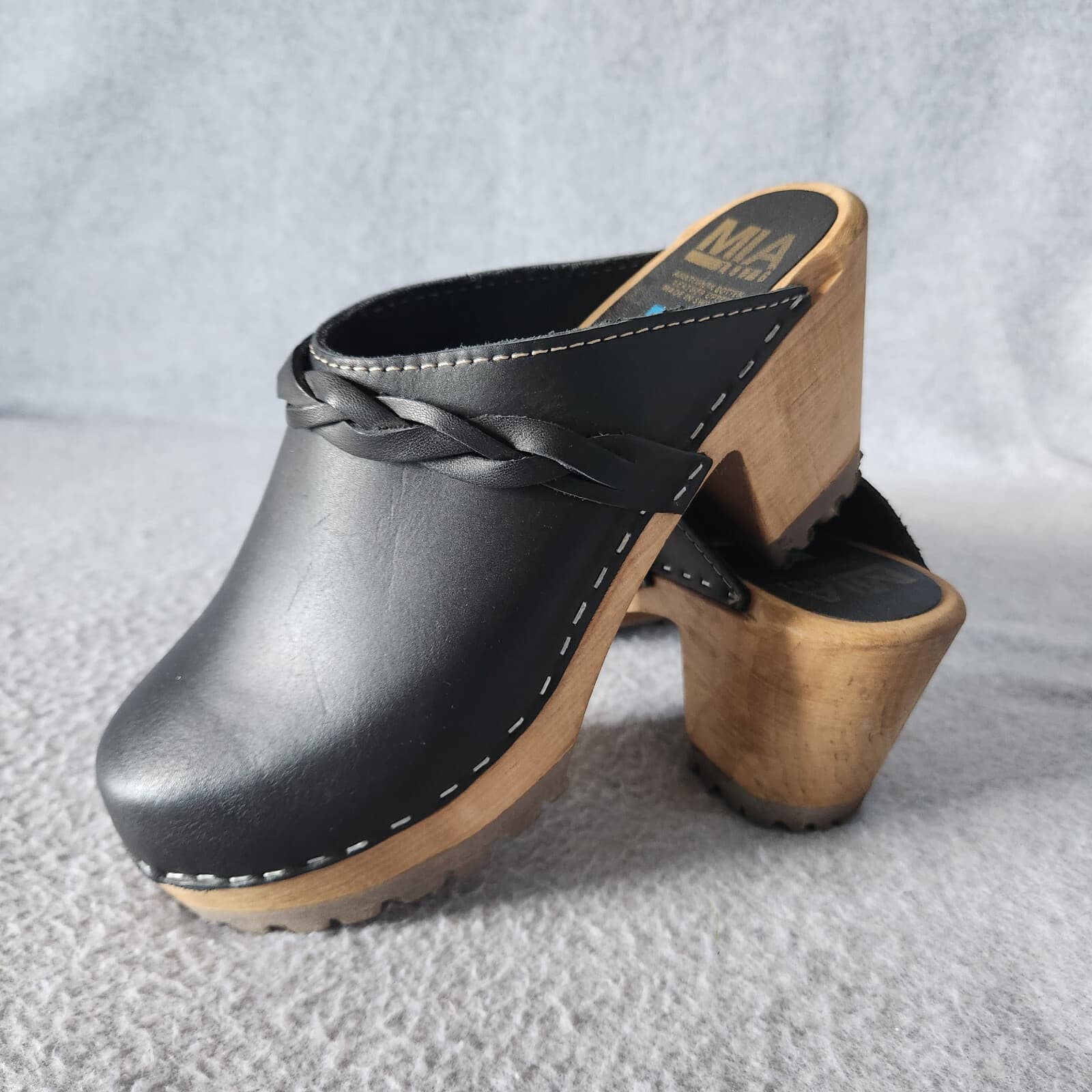 Mia Sweden Elsa Braided Leather Clog Mule Chunky 3" Heel Black Women EU39 US8.5 - Thumbnail 4