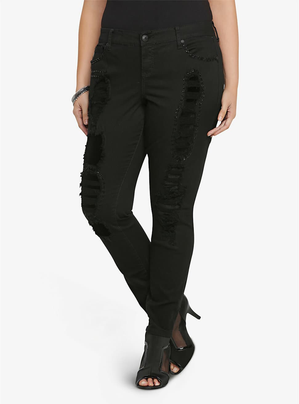 TORRID Premium Bead Embellished Distressed Skinny Jeans Stretch Black Women 12 - Thumbnail 3