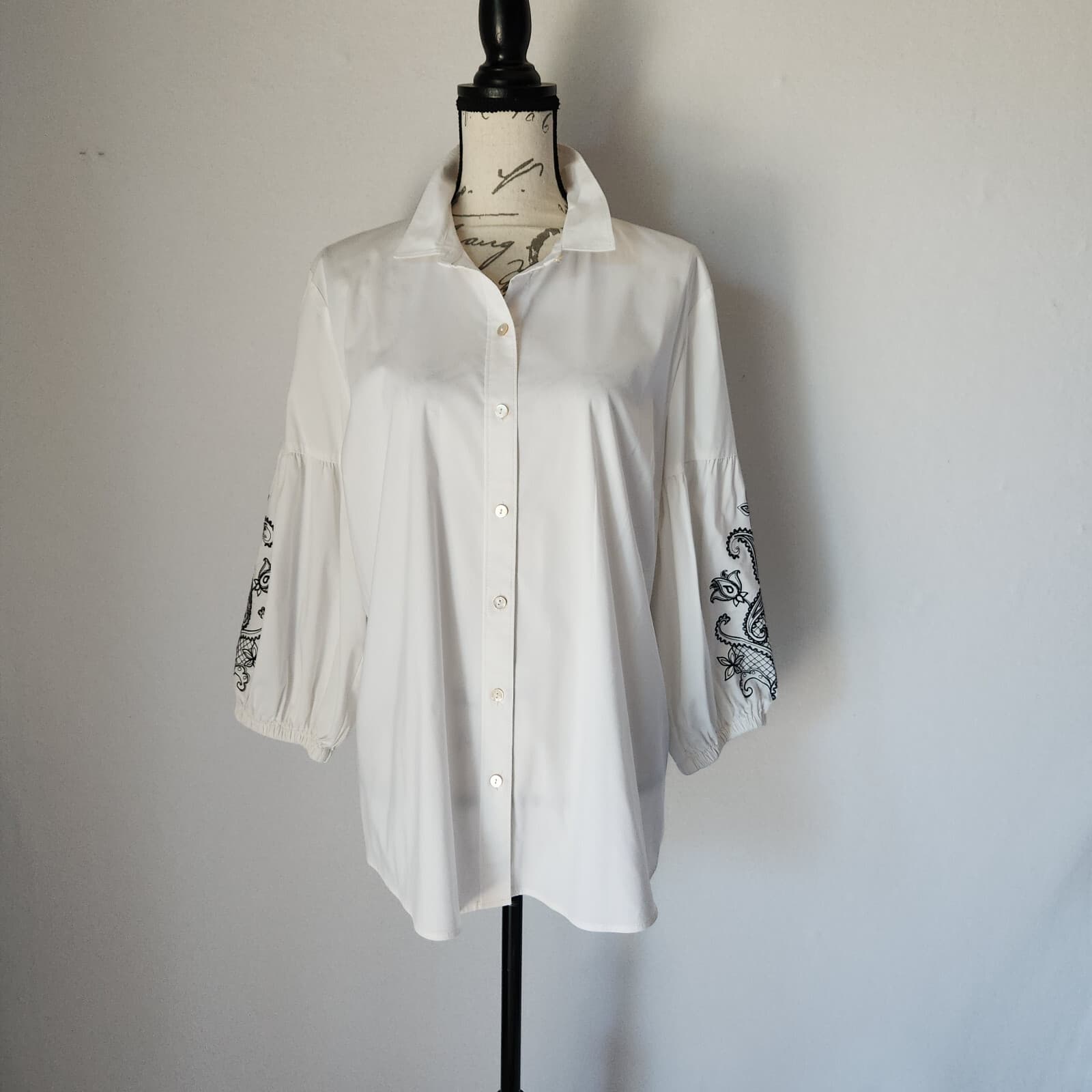 J.Jill White Shirt Collection Paisley Embroidered Button-Up Puff-Sleeve Womens L - Thumbnail 2