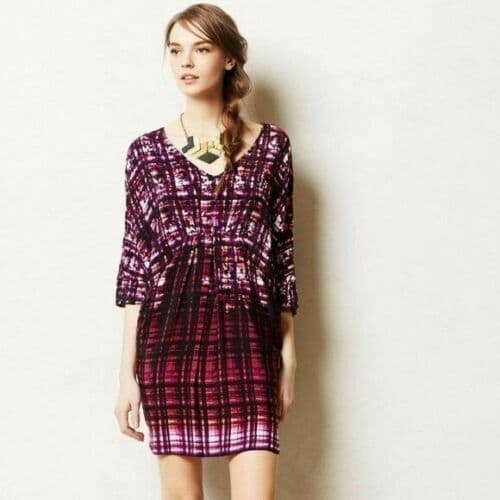 Maeve Anthropologie Crepe Mini Dress Batwing Sleeve Pocket Purple Oversize XS - Thumbnail 3