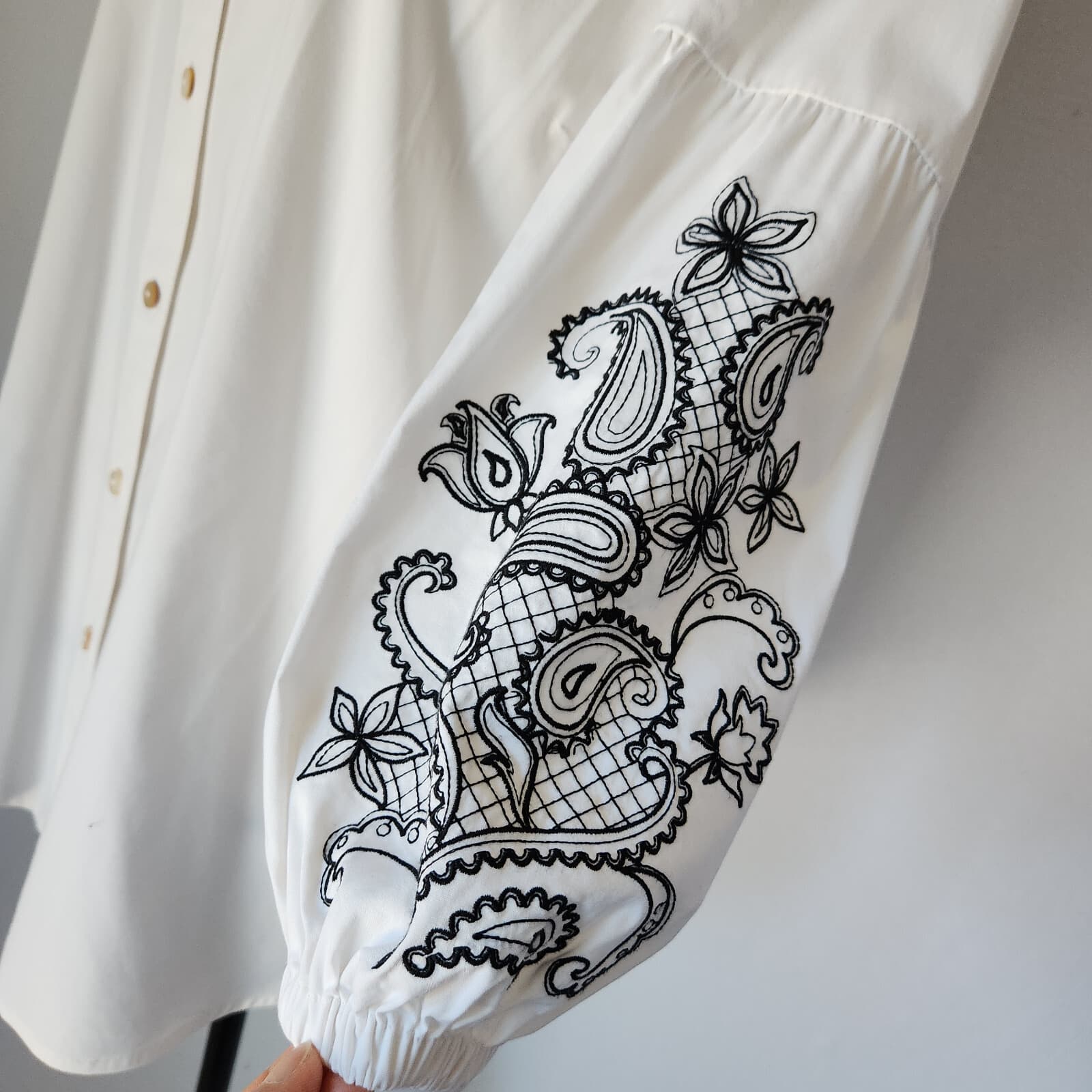 J.Jill White Shirt Collection Paisley Embroidered Button-Up Puff-Sleeve Womens L - Thumbnail 3