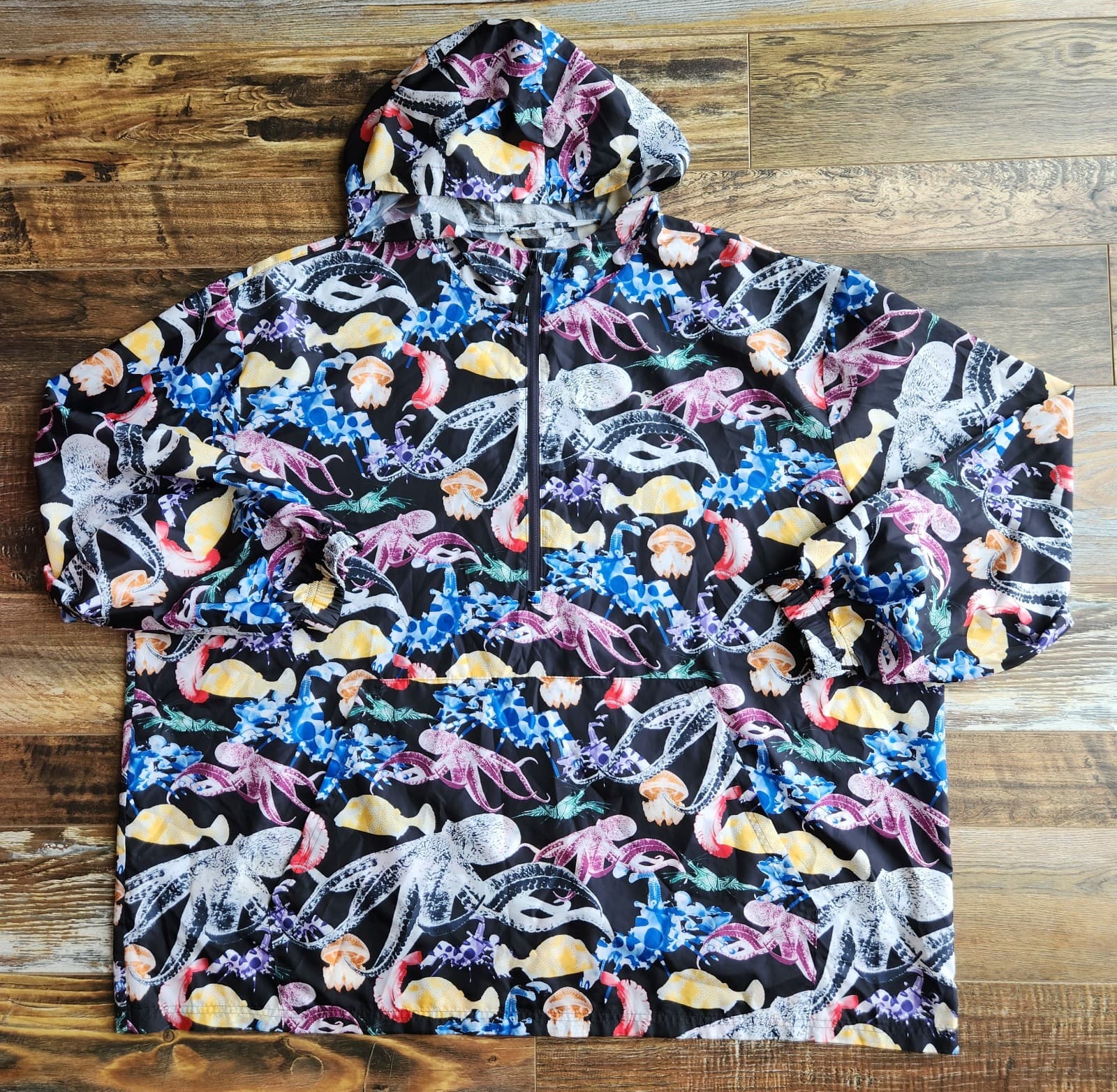 Bonobos Fielder Men's 3XL Ripstop Sea Creature Hooded Windbreaker 1/4 Zip Black - Thumbnail 7