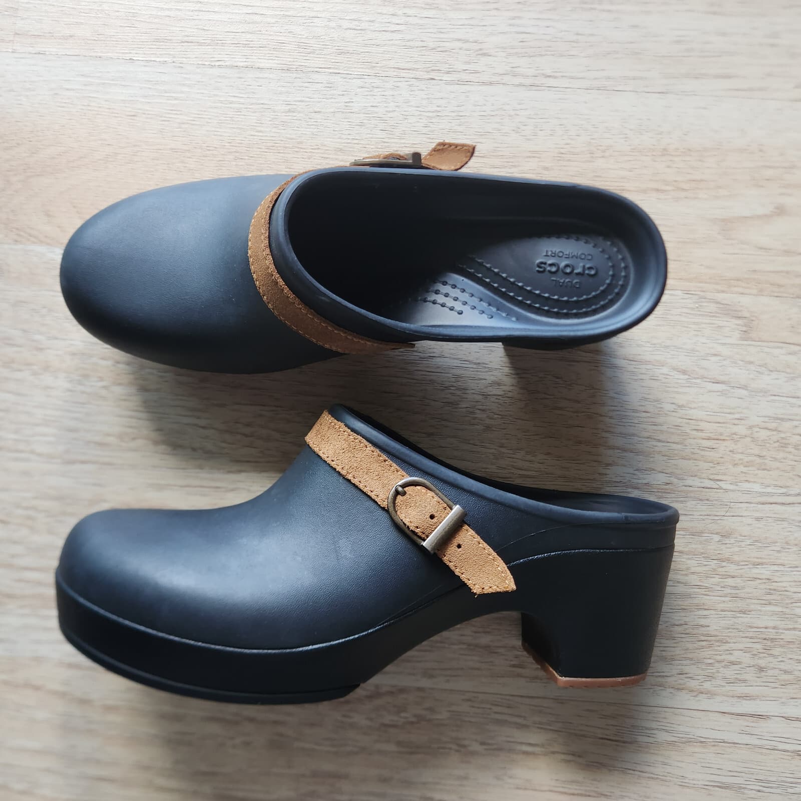 Crocs Sarah Mule Clog Suede Strap Buckle Slide-On 2" Heel Black Women's US9 - Thumbnail 4