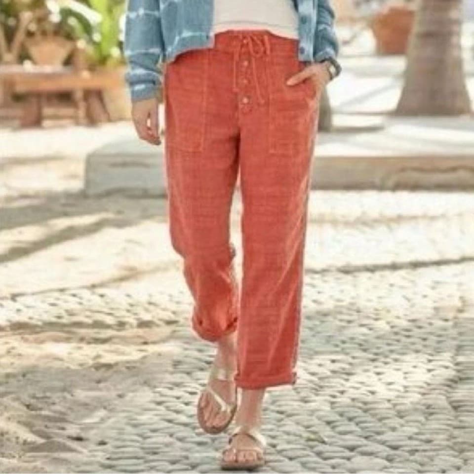 Sundance Coastline Textured Beach Pants Button-Fly Drawstring Cotton Coral Sz.M - Thumbnail 2
