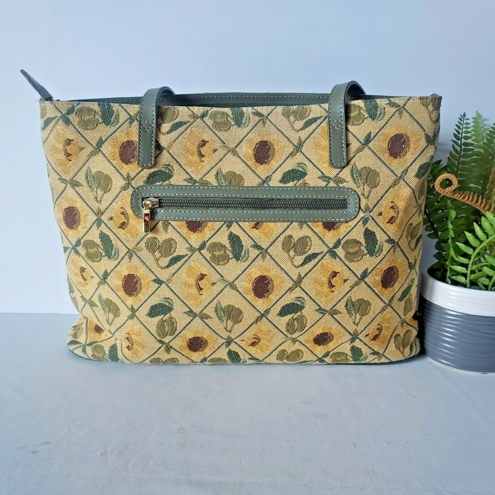 Royal Tapisserie Tapestry Sunflower Sherry Tote Shoulder Bag Zip Yellow Green - Thumbnail 4